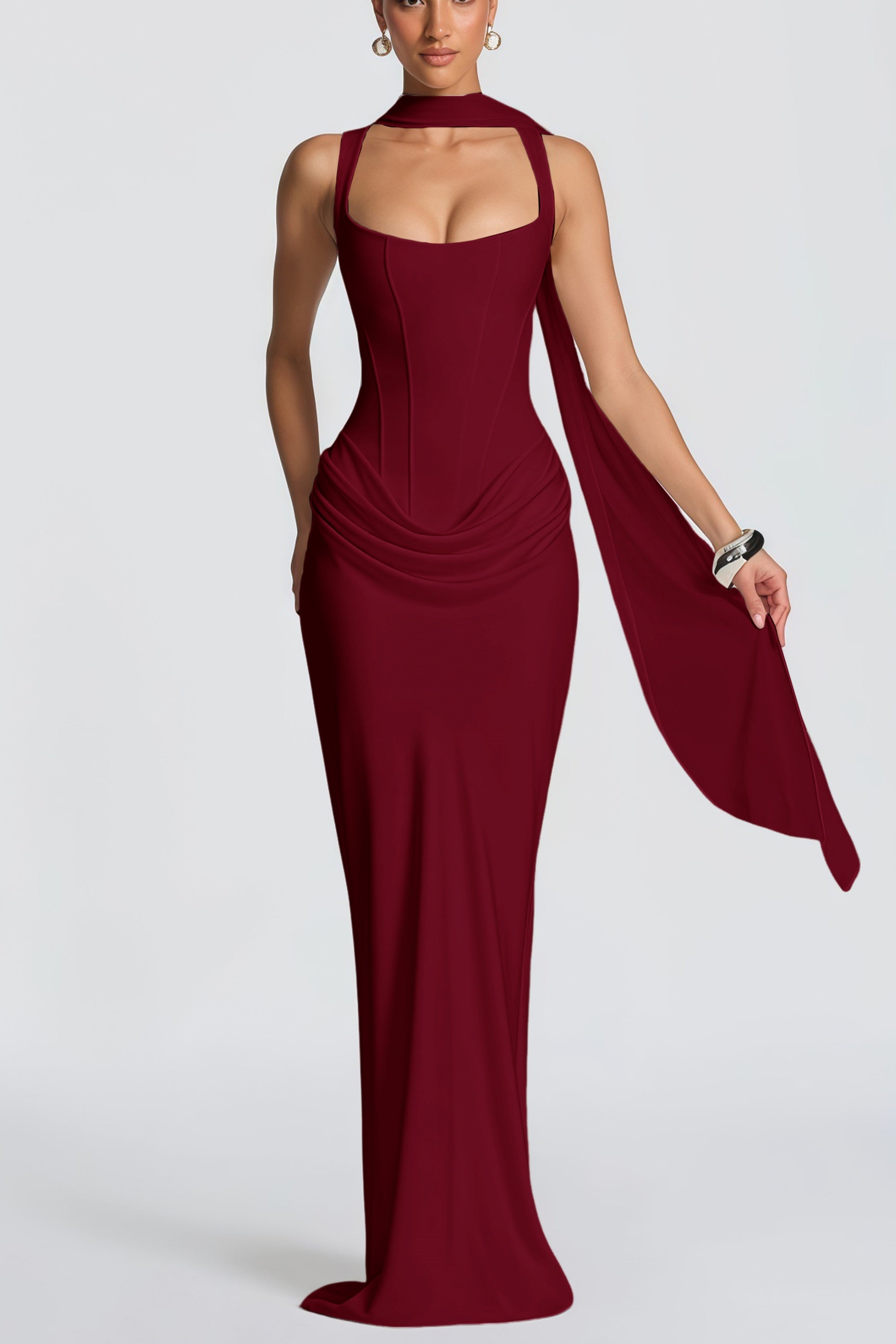 Paulette Red Ruched Corset Maxi Dress