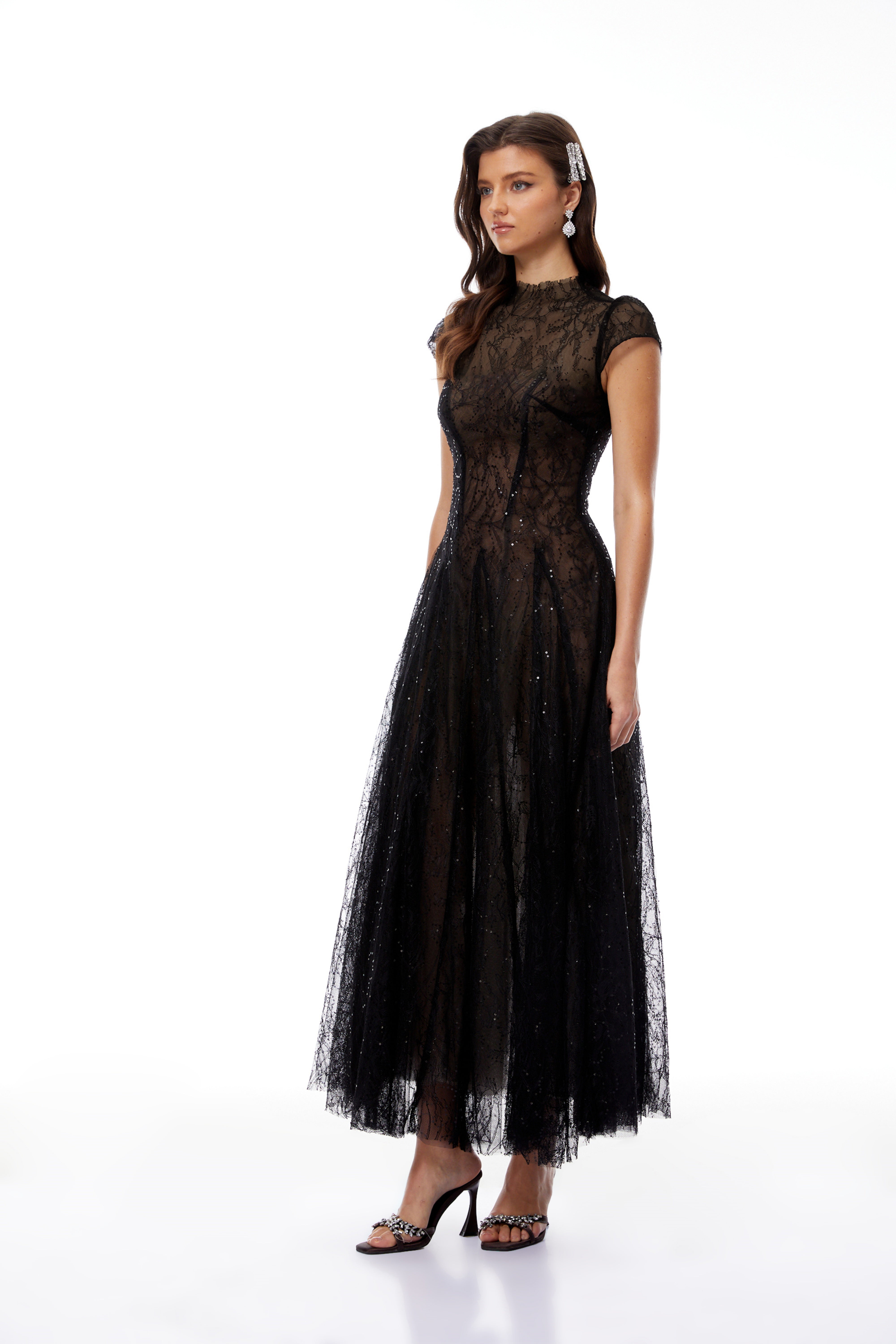 Velia Black Lace Glitter Tulle Maxi Gown
