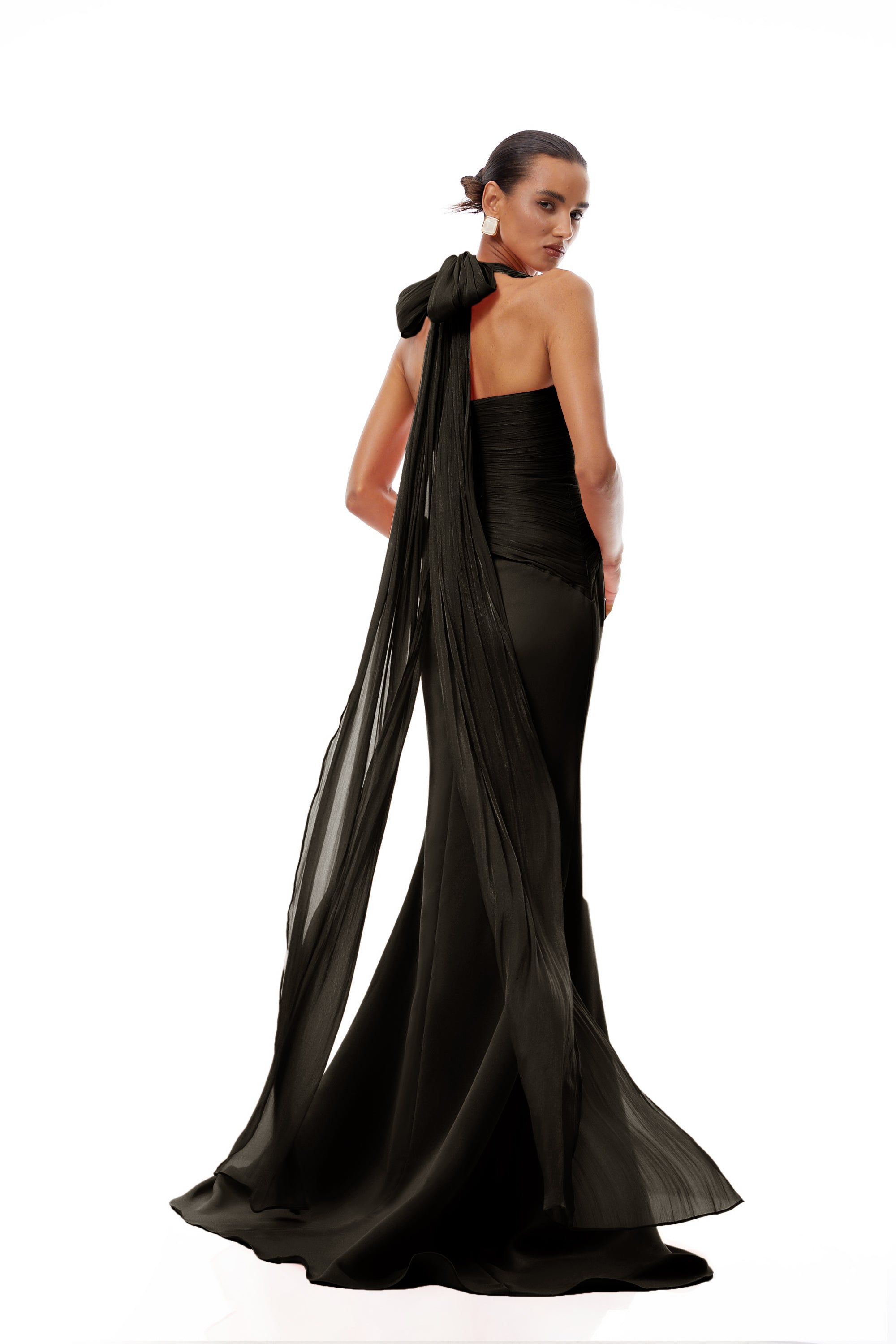 Emmeline Black Train Design Gathered Maxi Dress