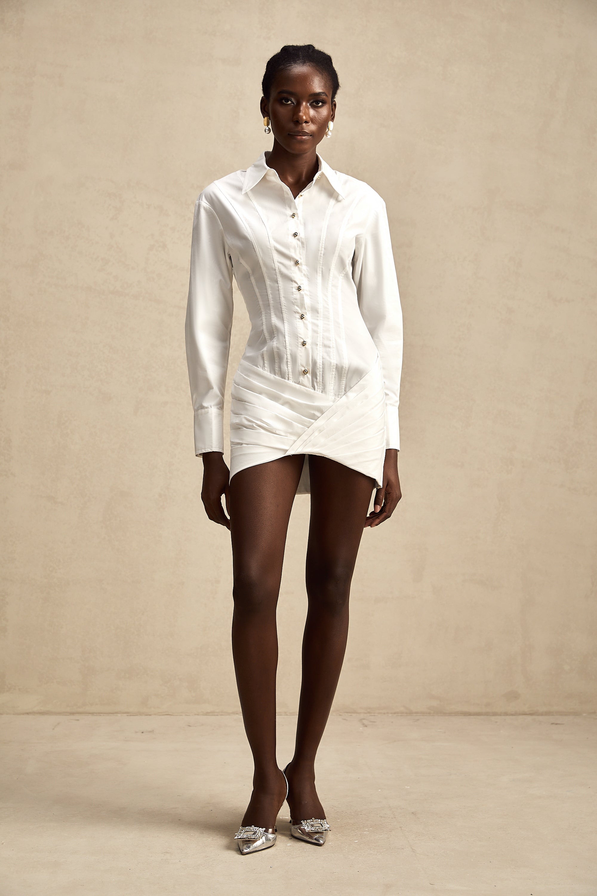 Orlane white cinched-waist pleated mini shirt dress