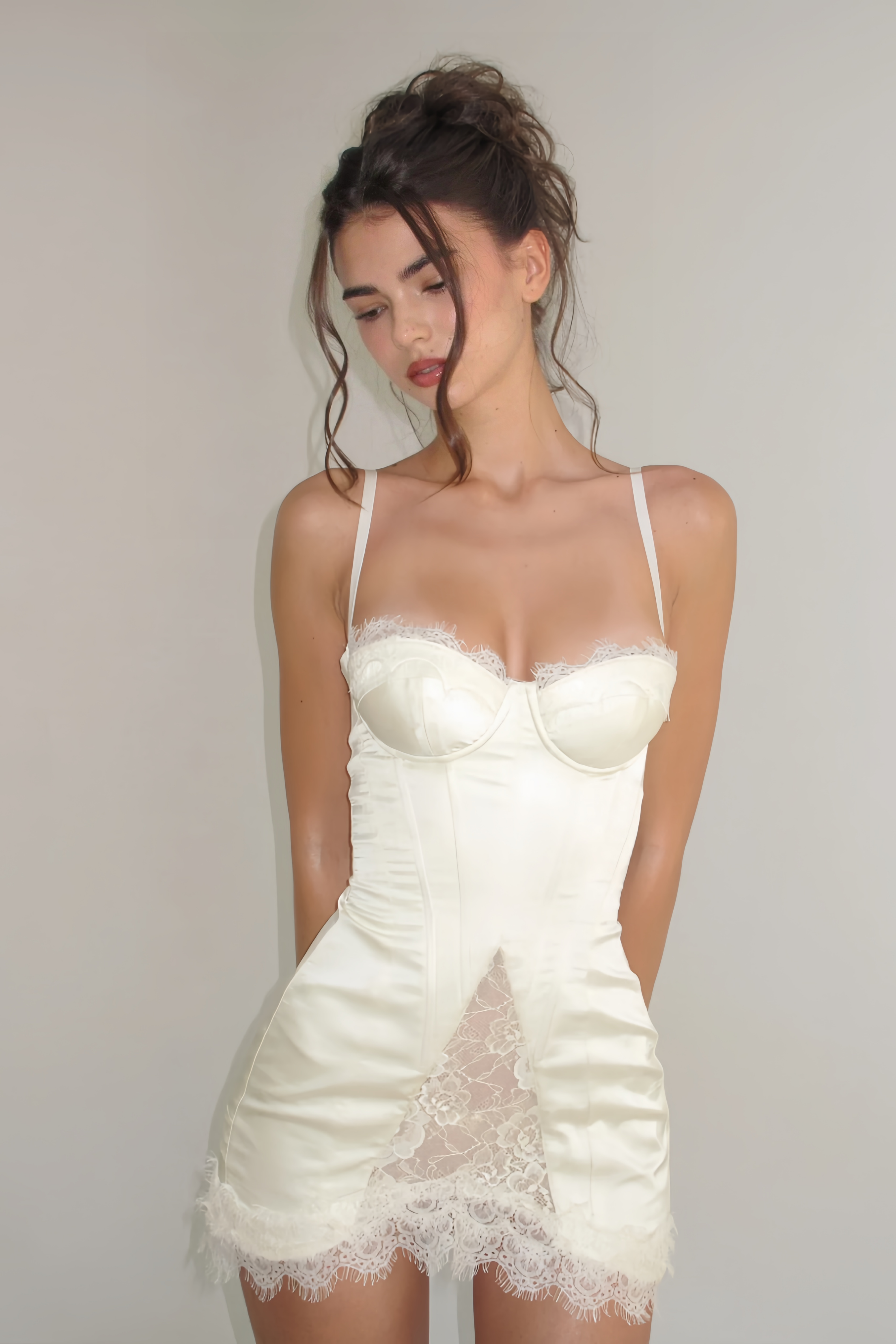 Juliette White Satin Mini Dress with Lace Panels