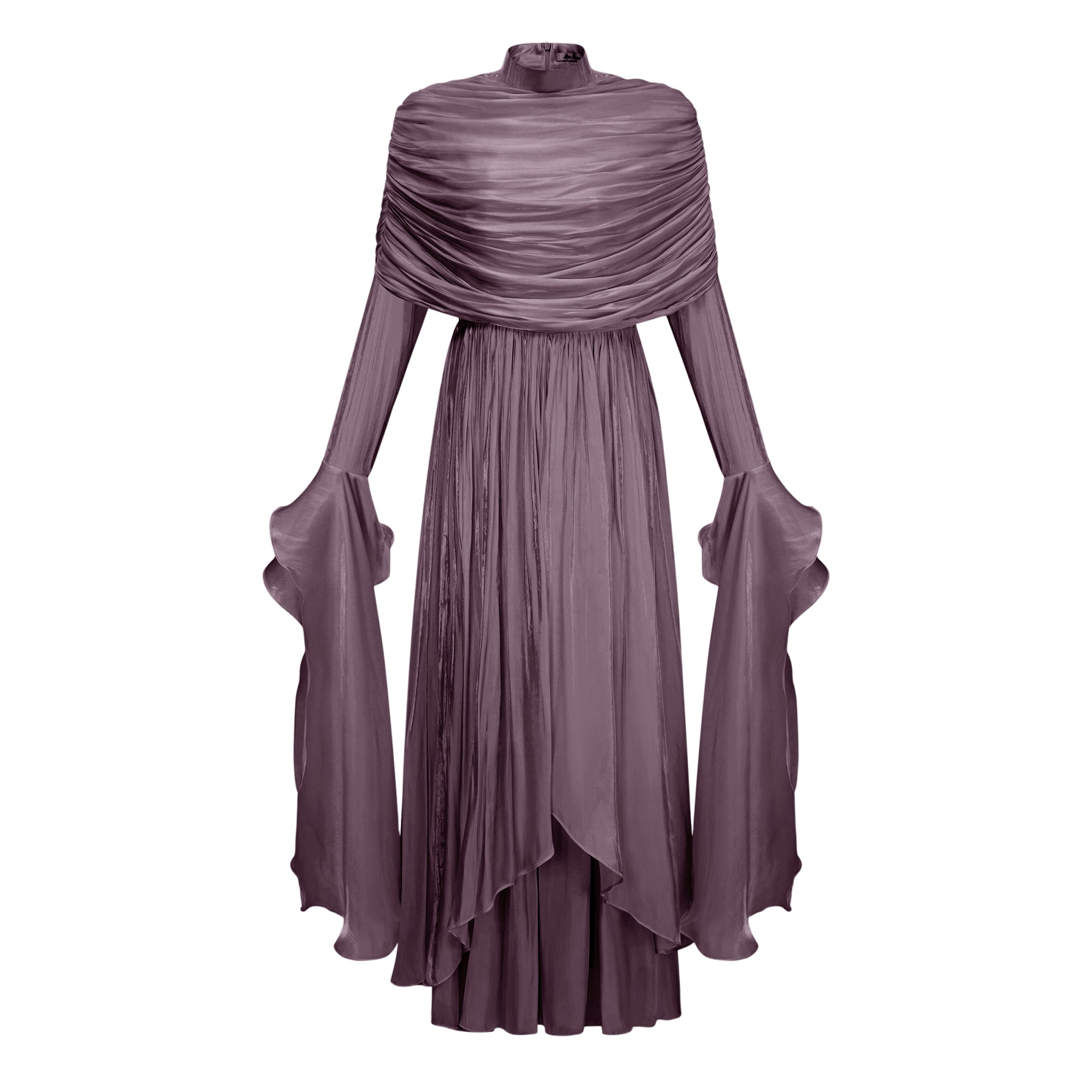 Gustave Purple Ruched Cape Ruffled Maxi Dress