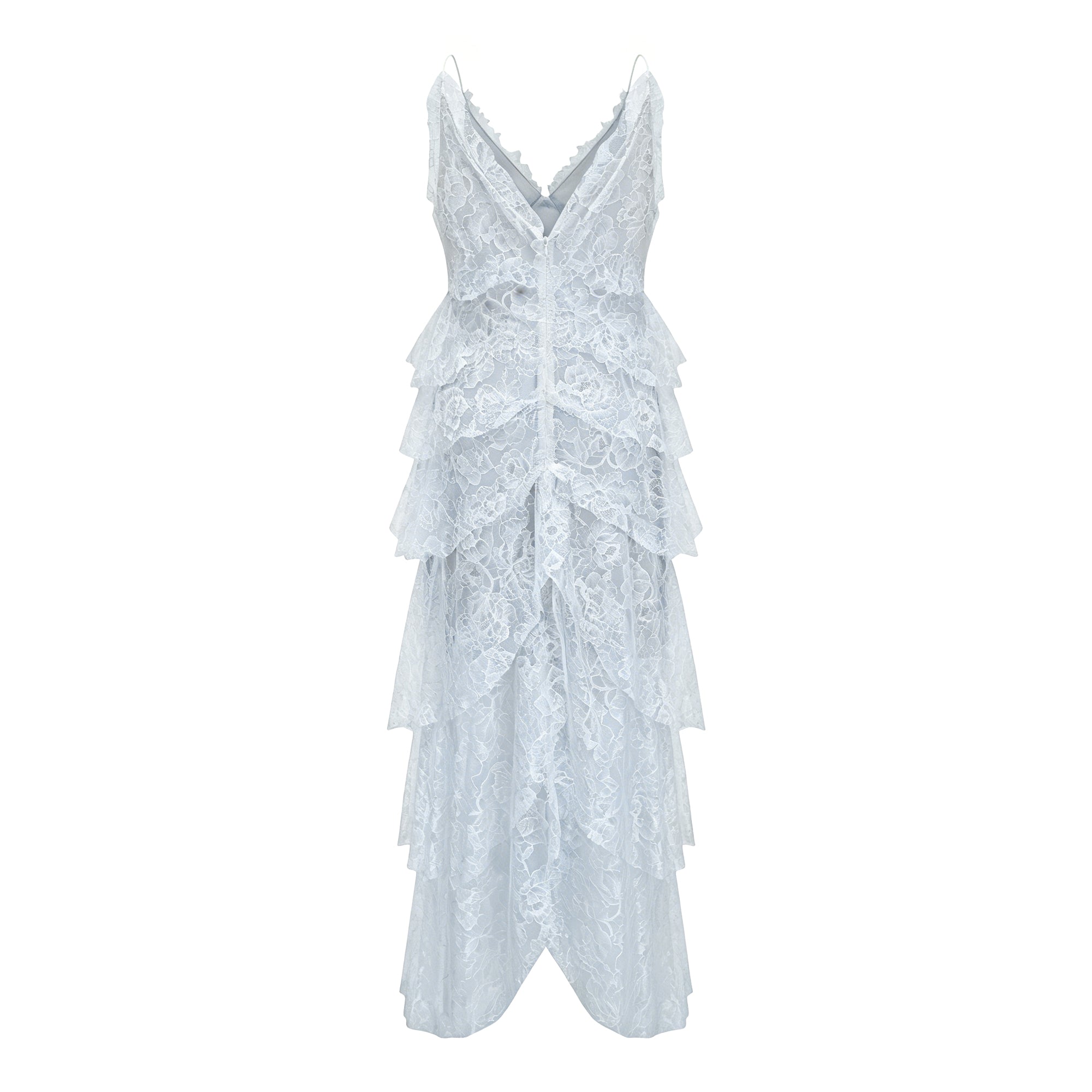 Atousa Blue Layered Floral Lace Maxi Dress with Bow