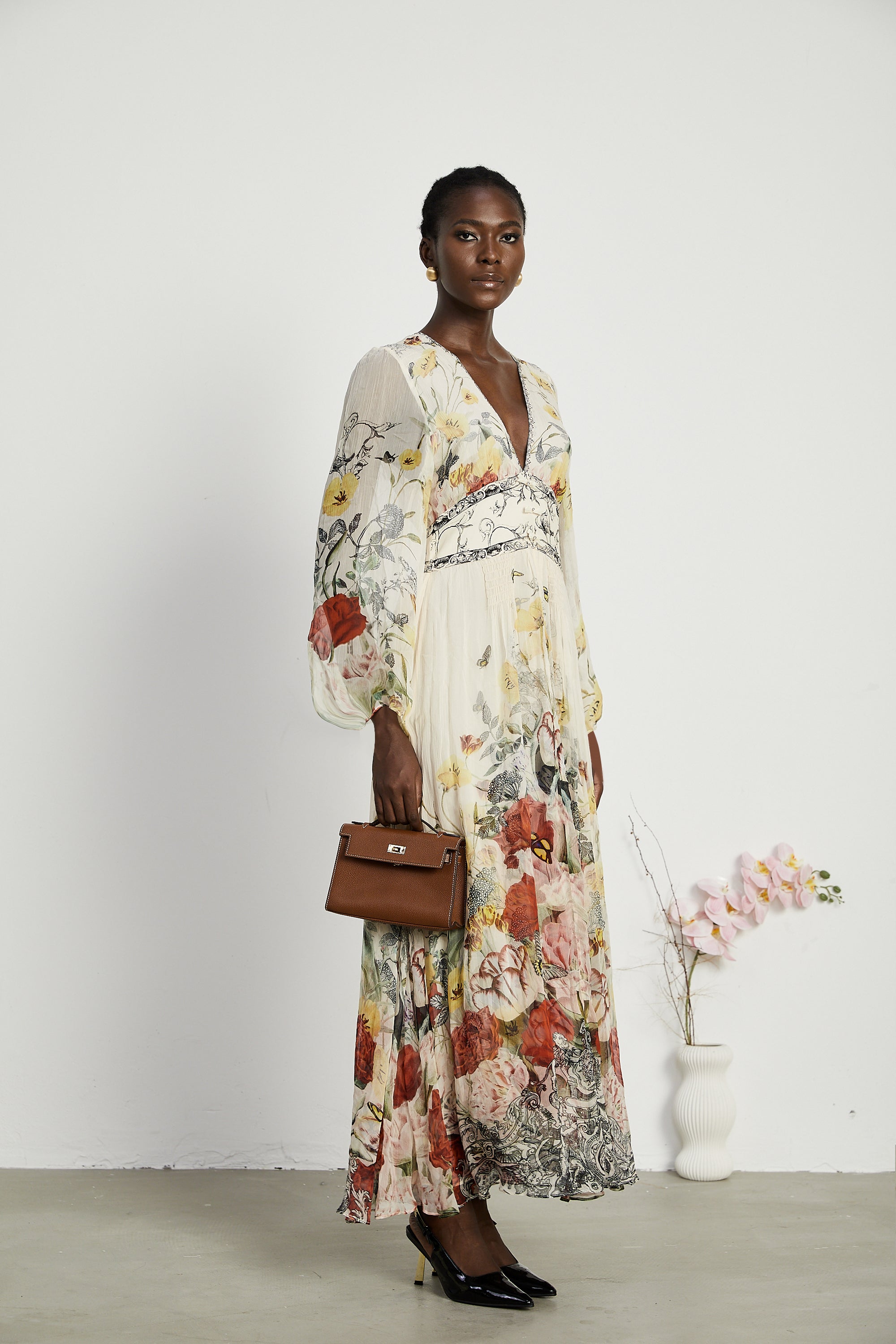 Cora elasticated-sleeve floral maxi dress