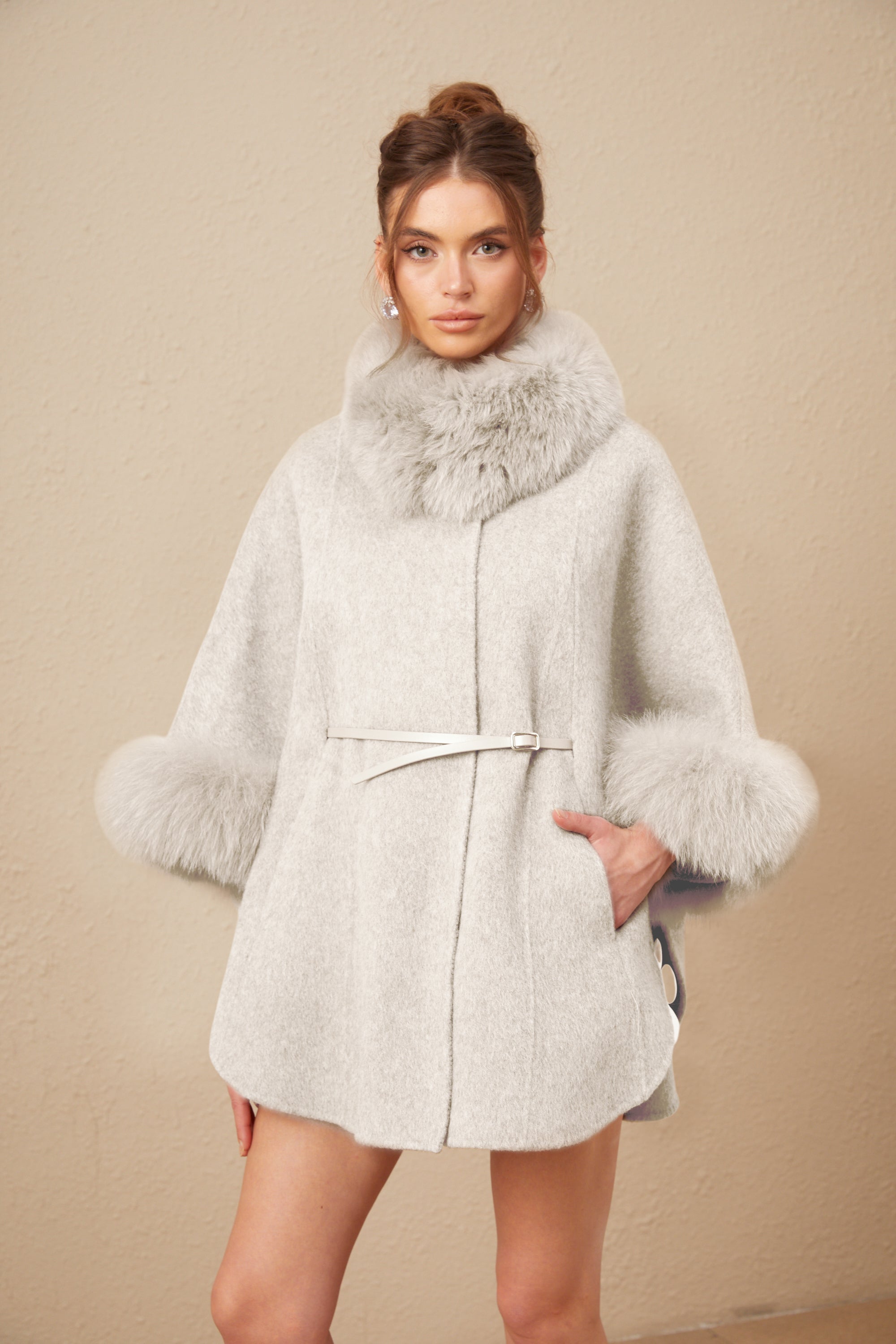 Chloris wool fur belted cape coat in White