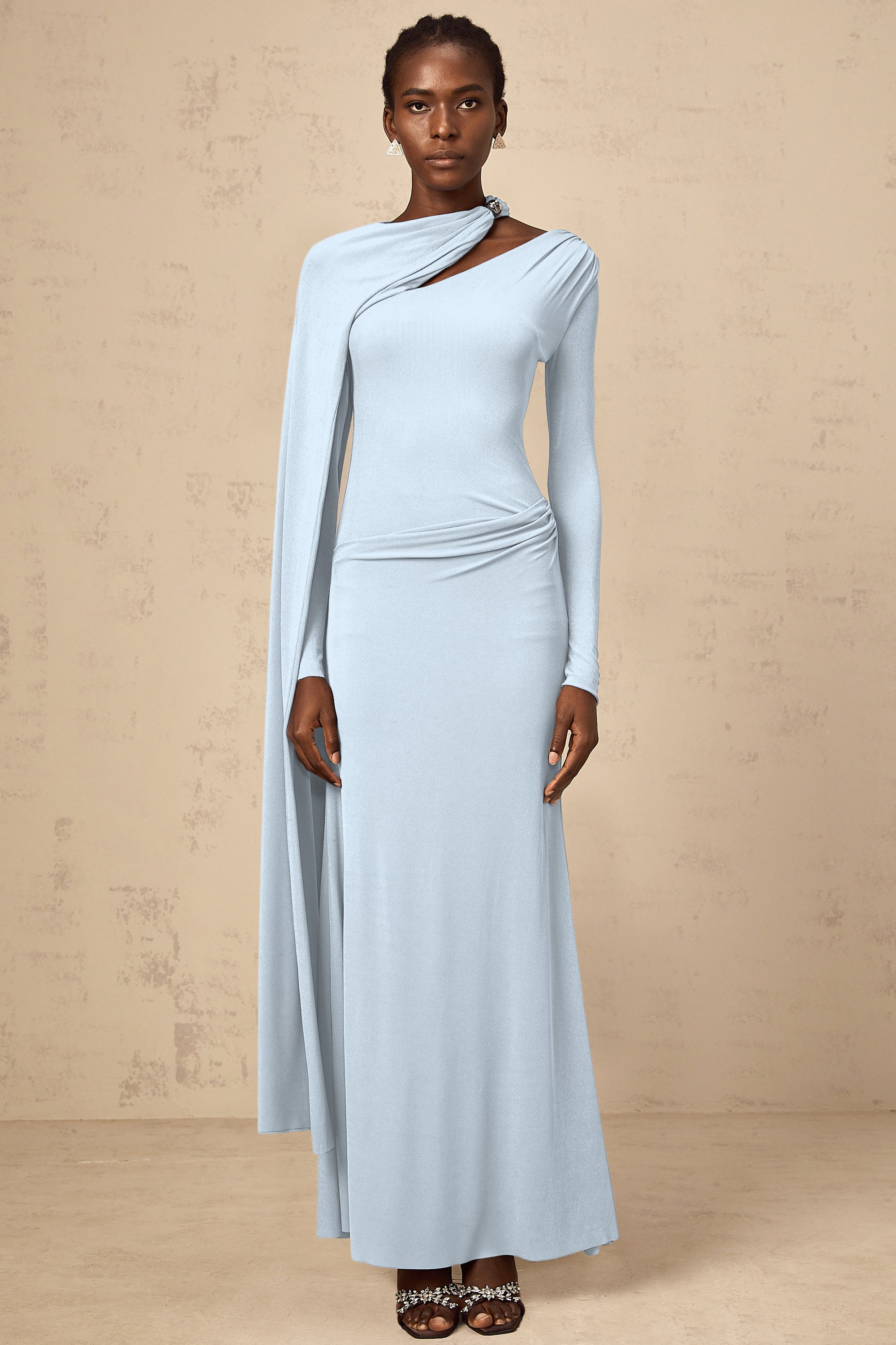 Josette Blue Diagonal Shawl Fitted Maxi Dress