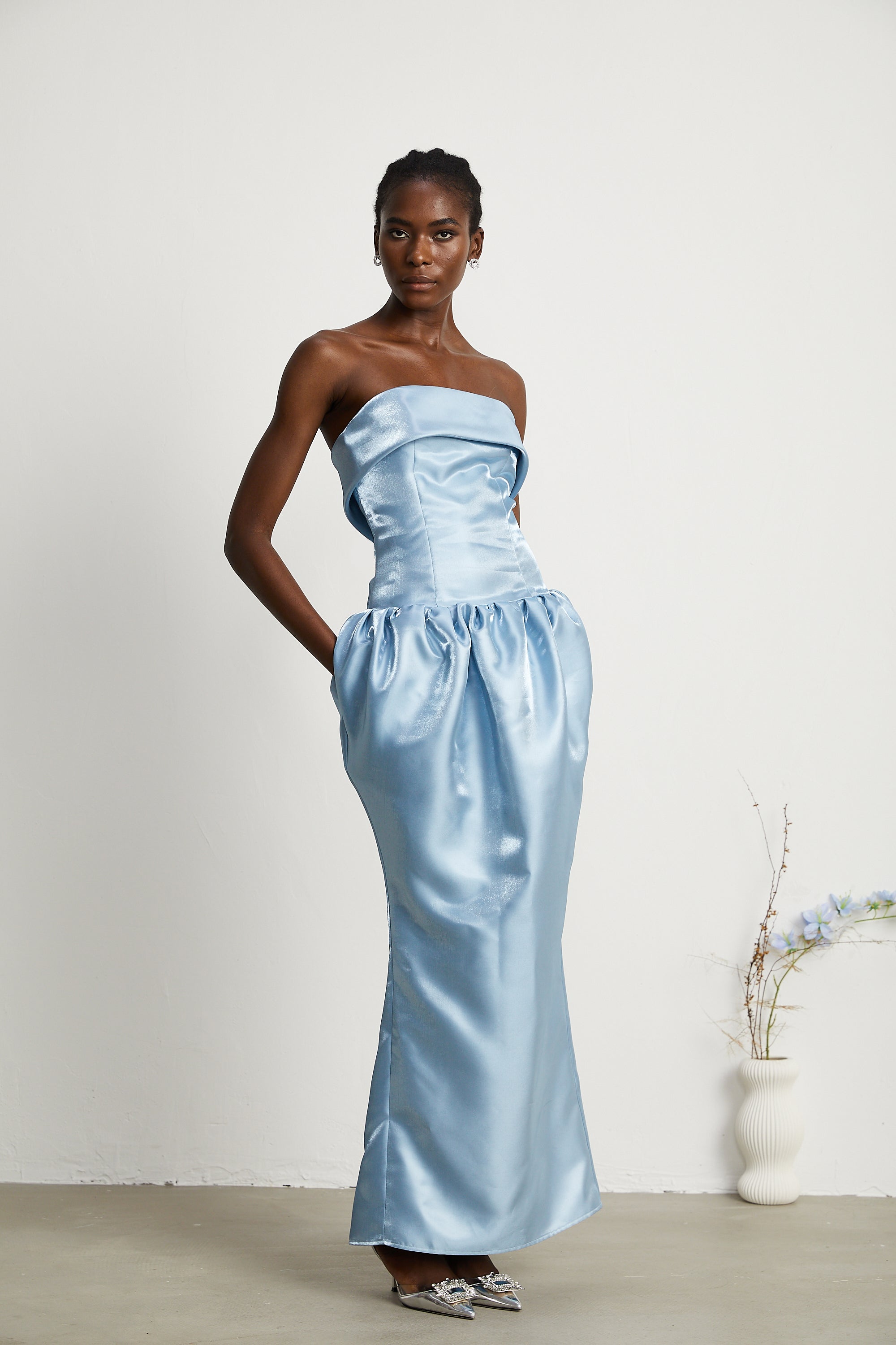 Aélis off-shoulder satin maxi dress