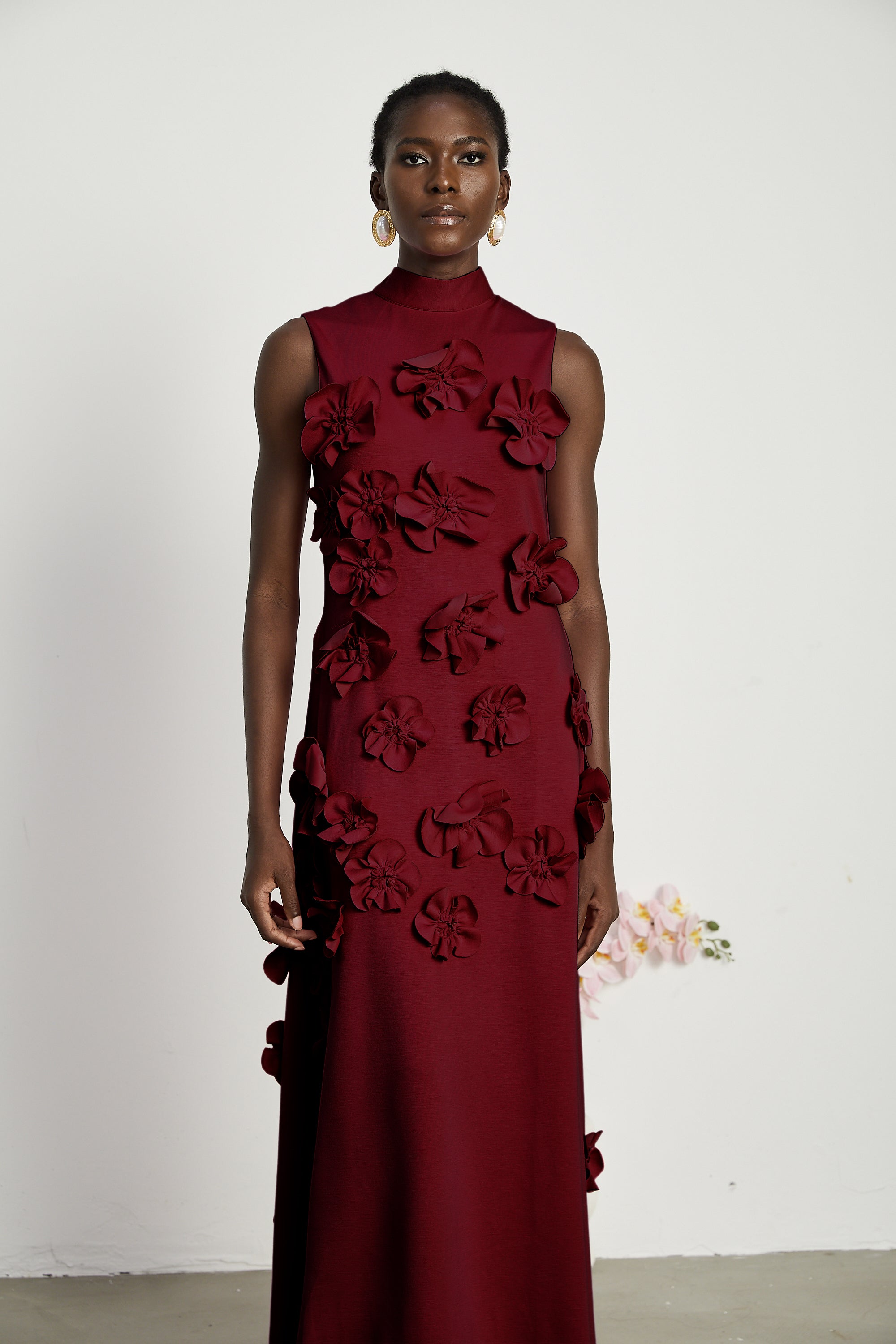 Magali bow-tie faux-flower embellished sleeveless maxi dress in Red