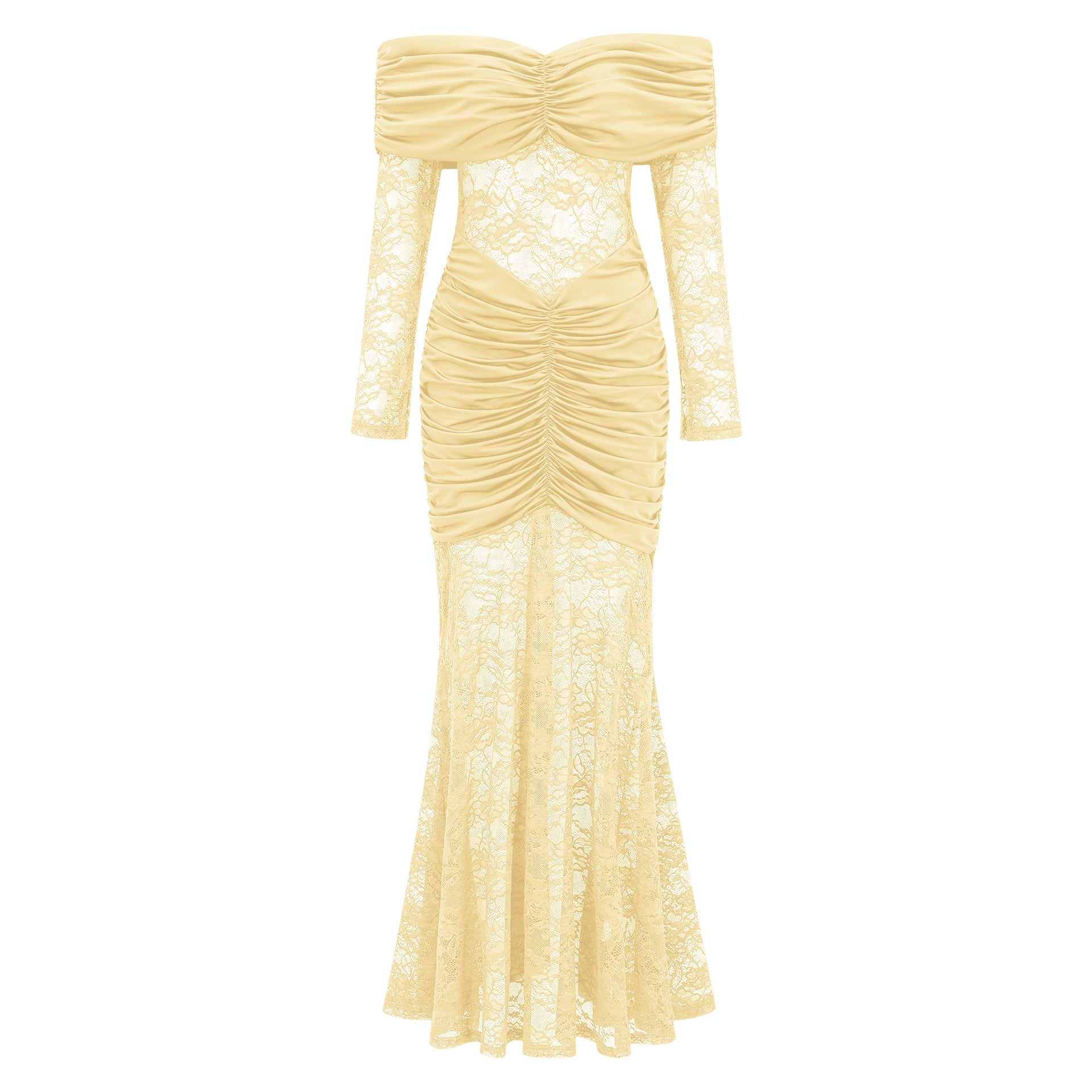 Brigitte Yellow Lace Panel Ruched Maxi Dress, M / Yellow