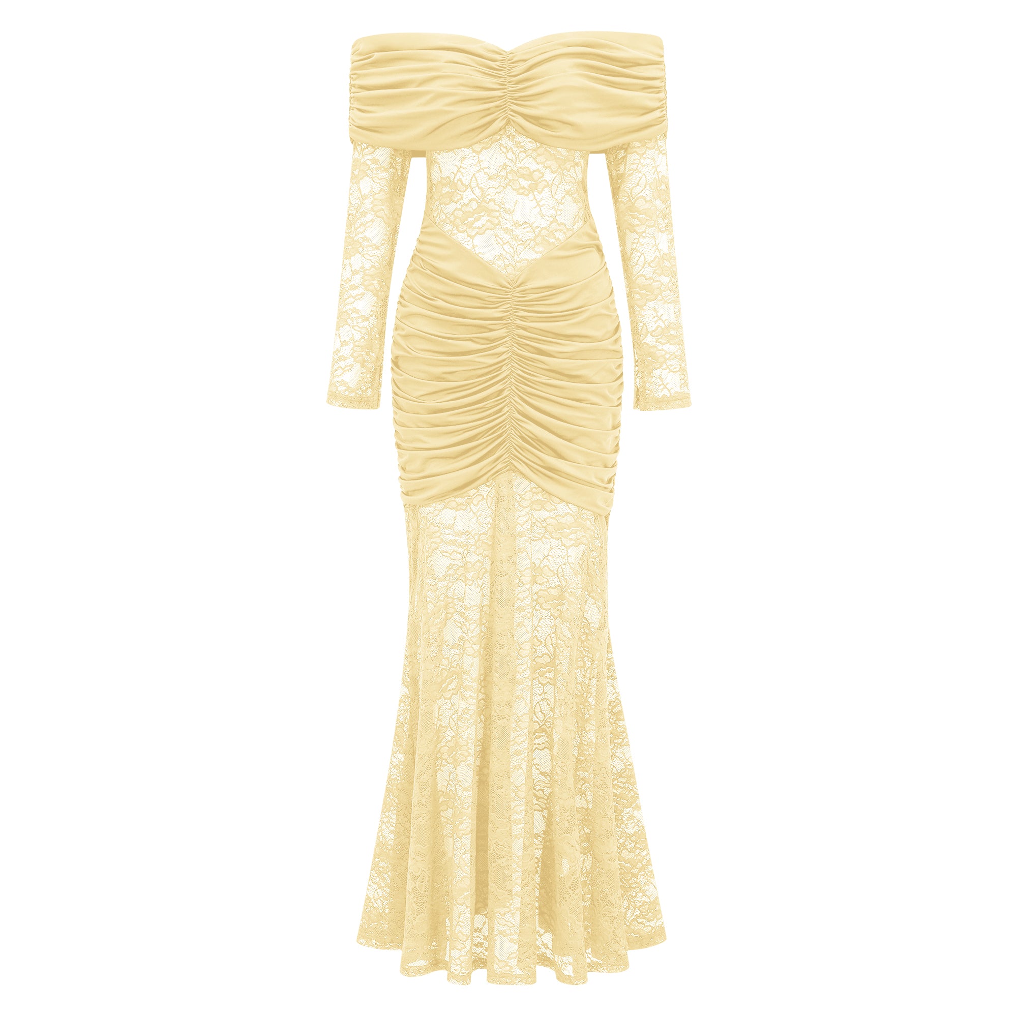 Brigitte Yellow Lace Panel Ruched Maxi Dress