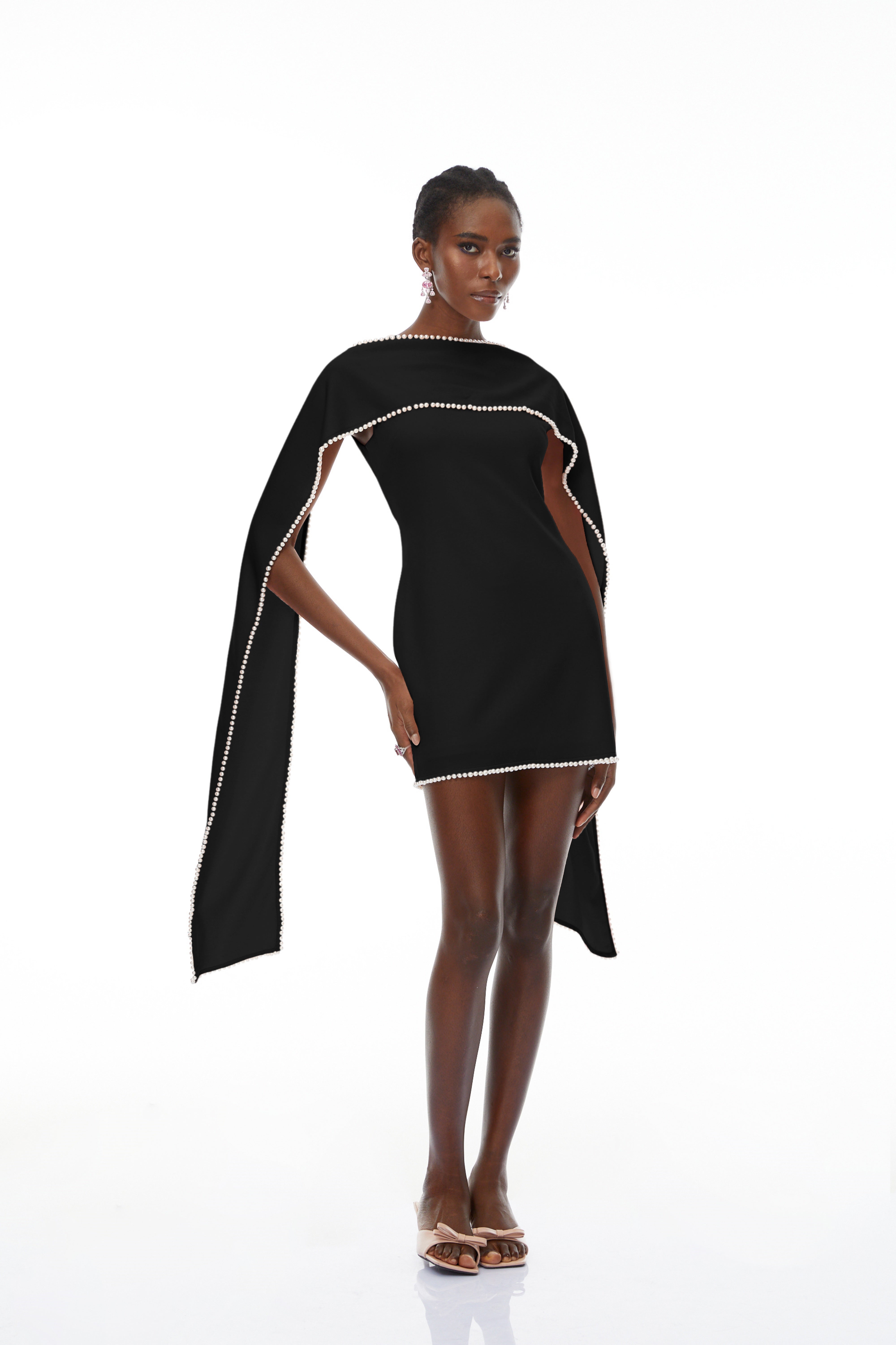 Piroska Black Sleeveless Pearl Trim Mini Dress