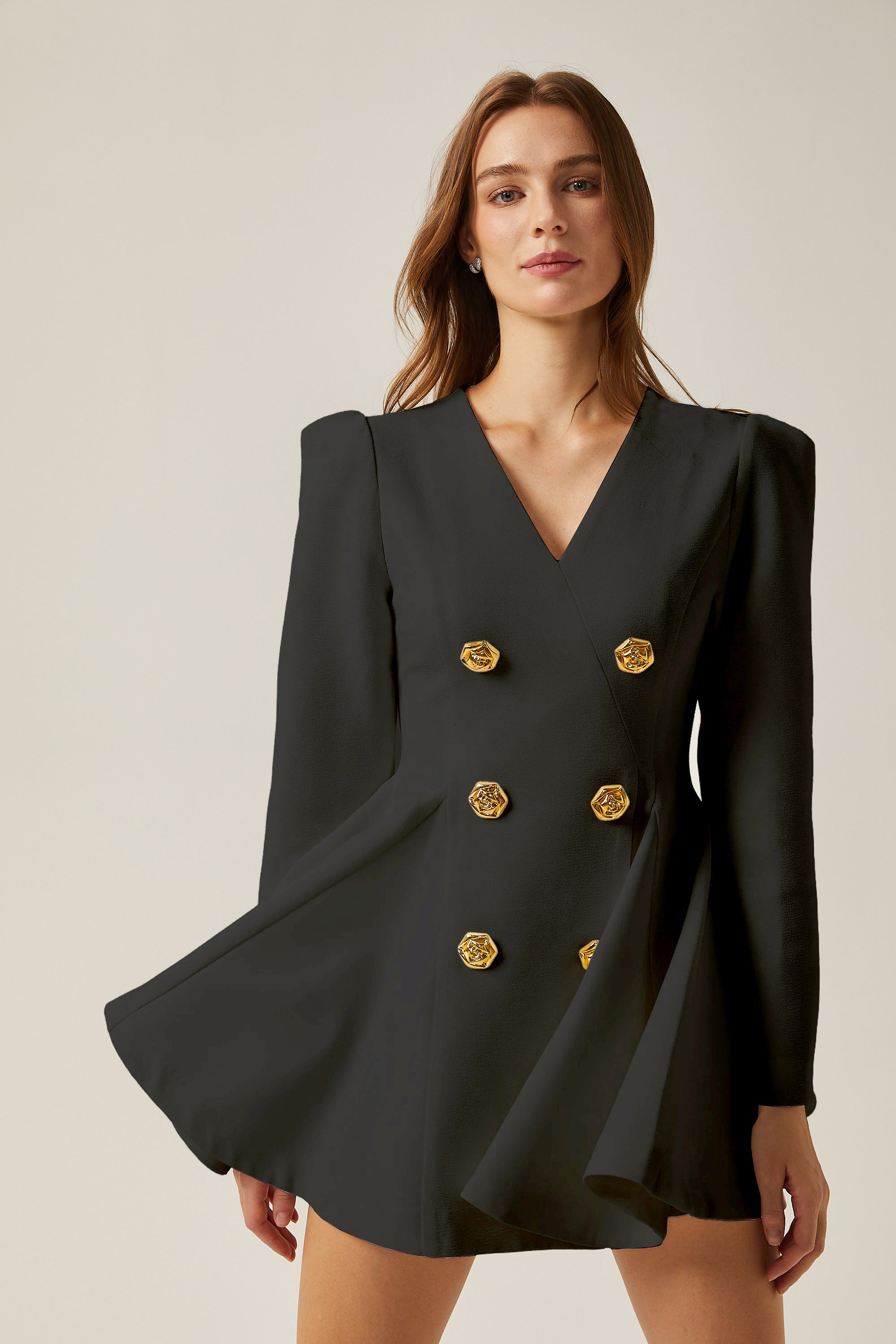 Élise pleated peplum-hem blazer dress in Black