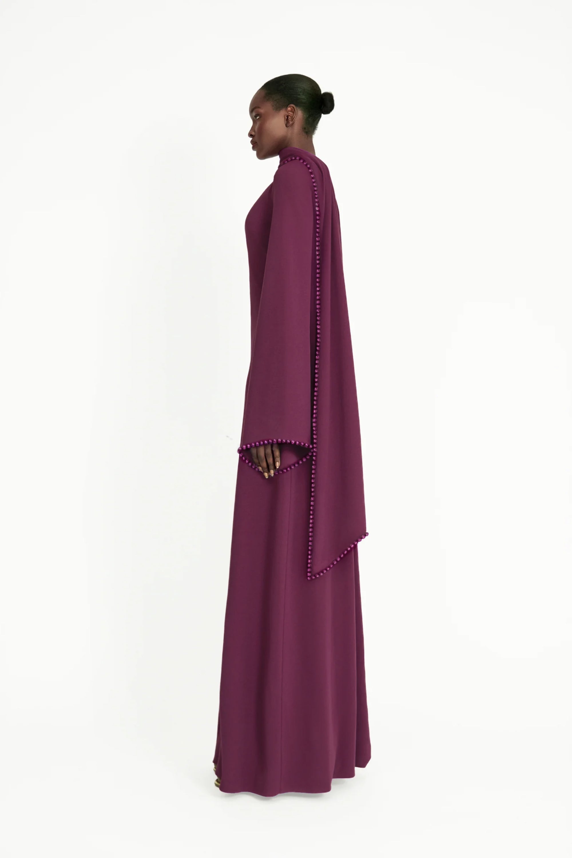 Piroska Purple Pearl Trim Shawl Detail Maxi Dress