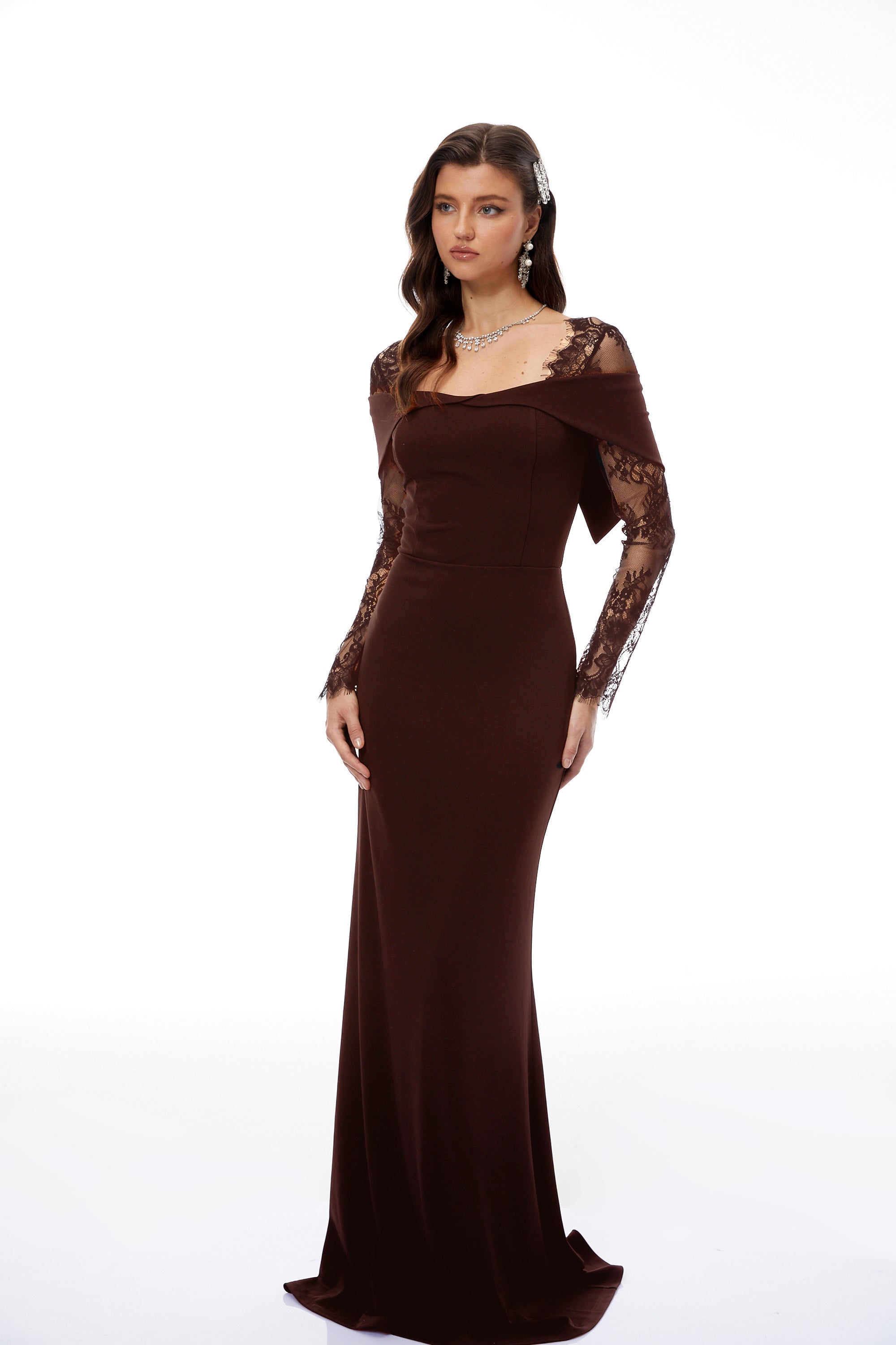 Brown Lace Panel Flared Maxi Gown