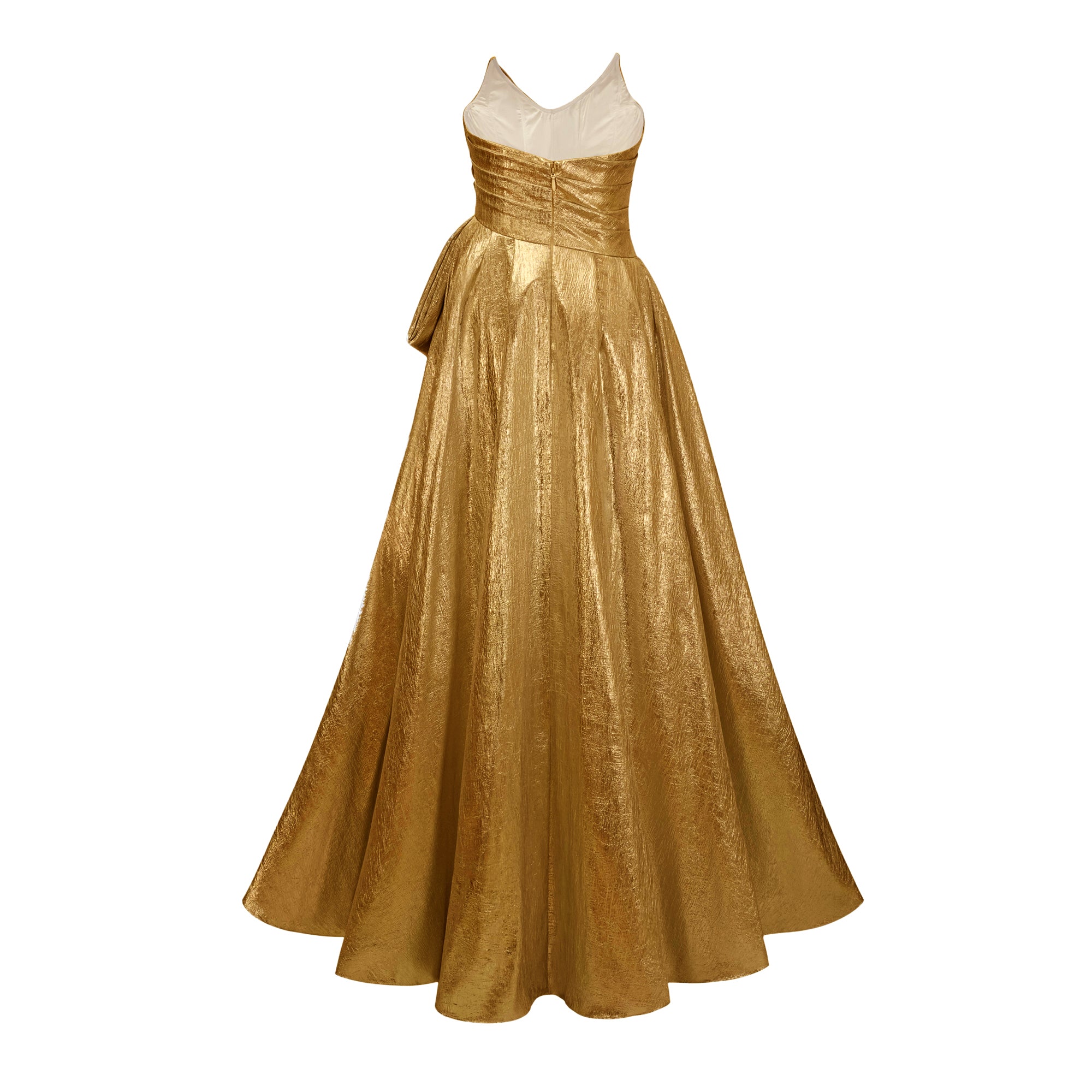 Adina Gold Glossy Asymmetrical Ruched Gown