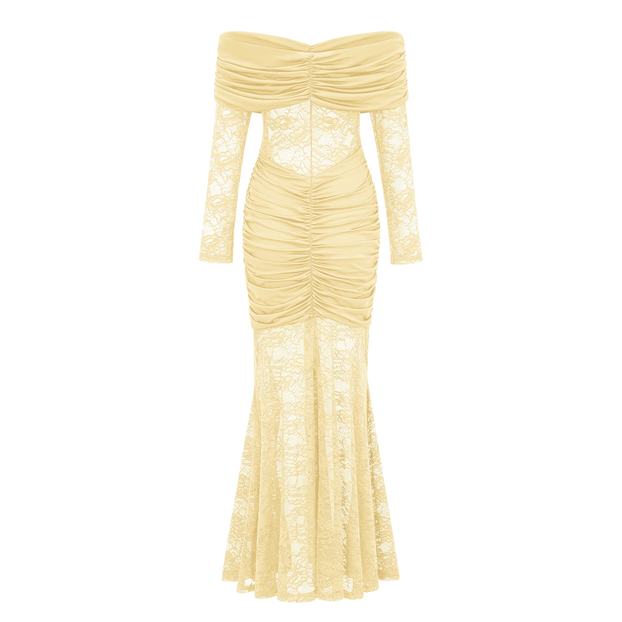 Brigitte Yellow Lace Panel Ruched Maxi Dress