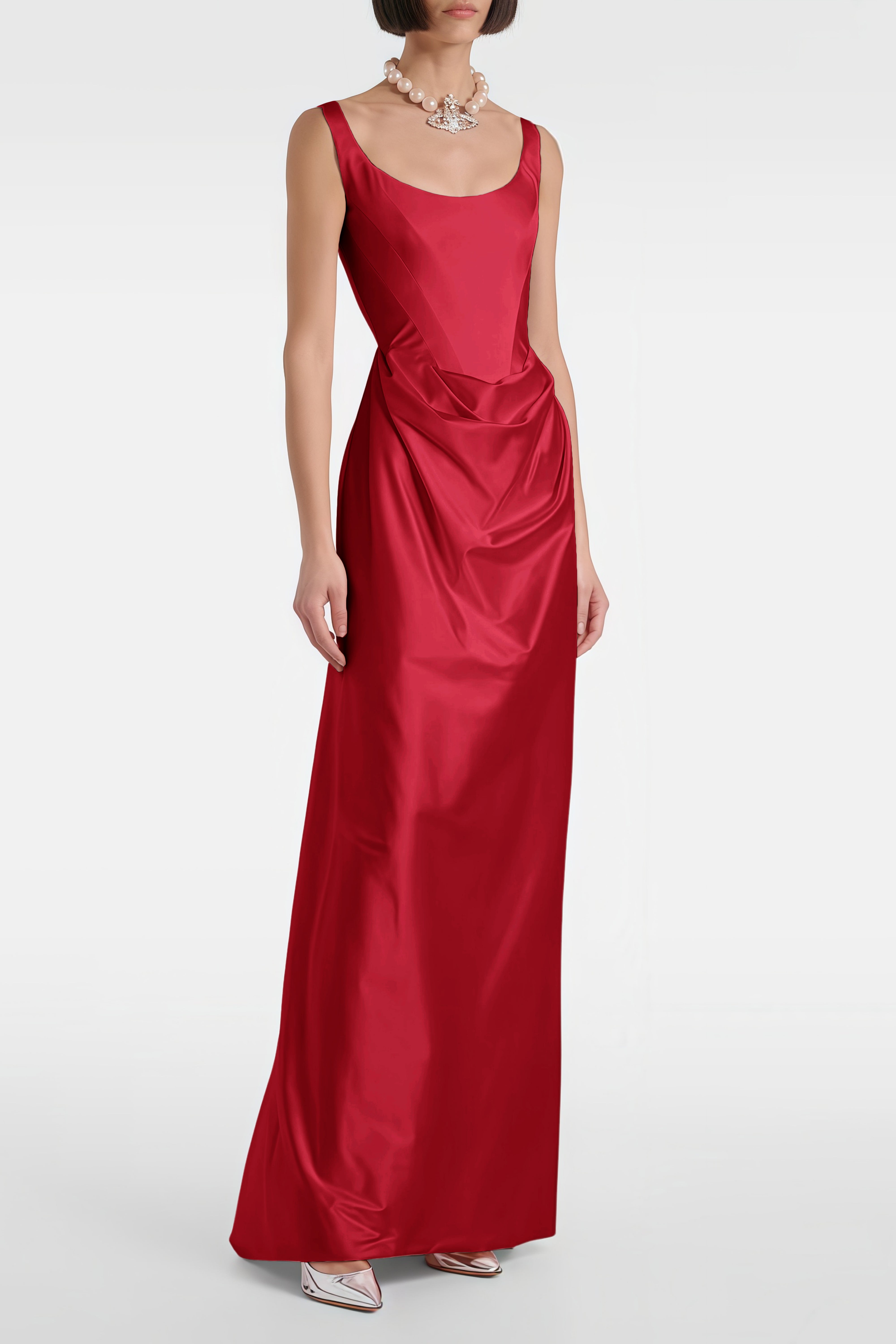 Fiona Rotes Satin-Maxikleid mit eckigem Ausschnitt