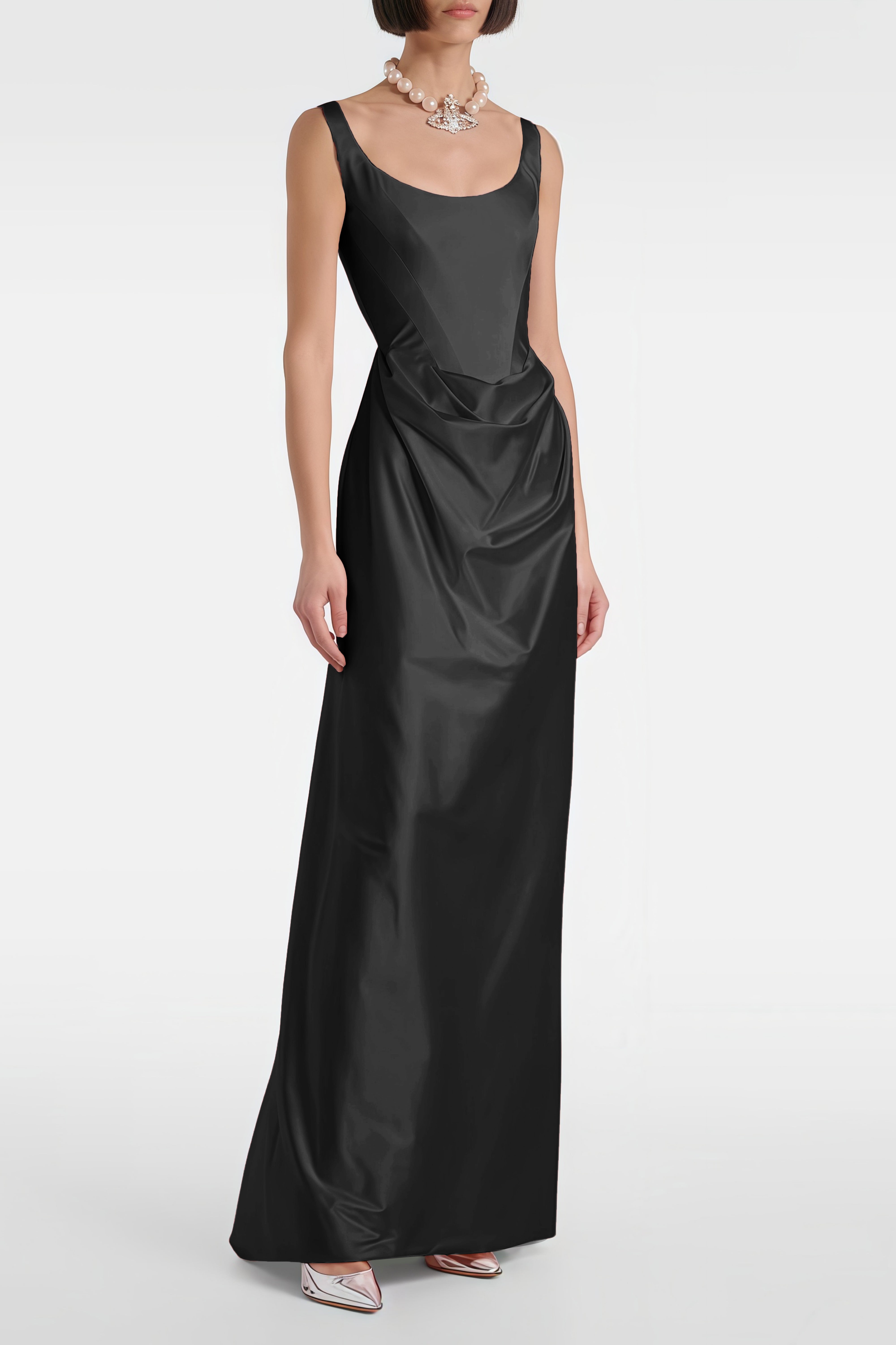 Fiona Schwarzes Satin-Maxikleid mit eckigem Ausschnitt