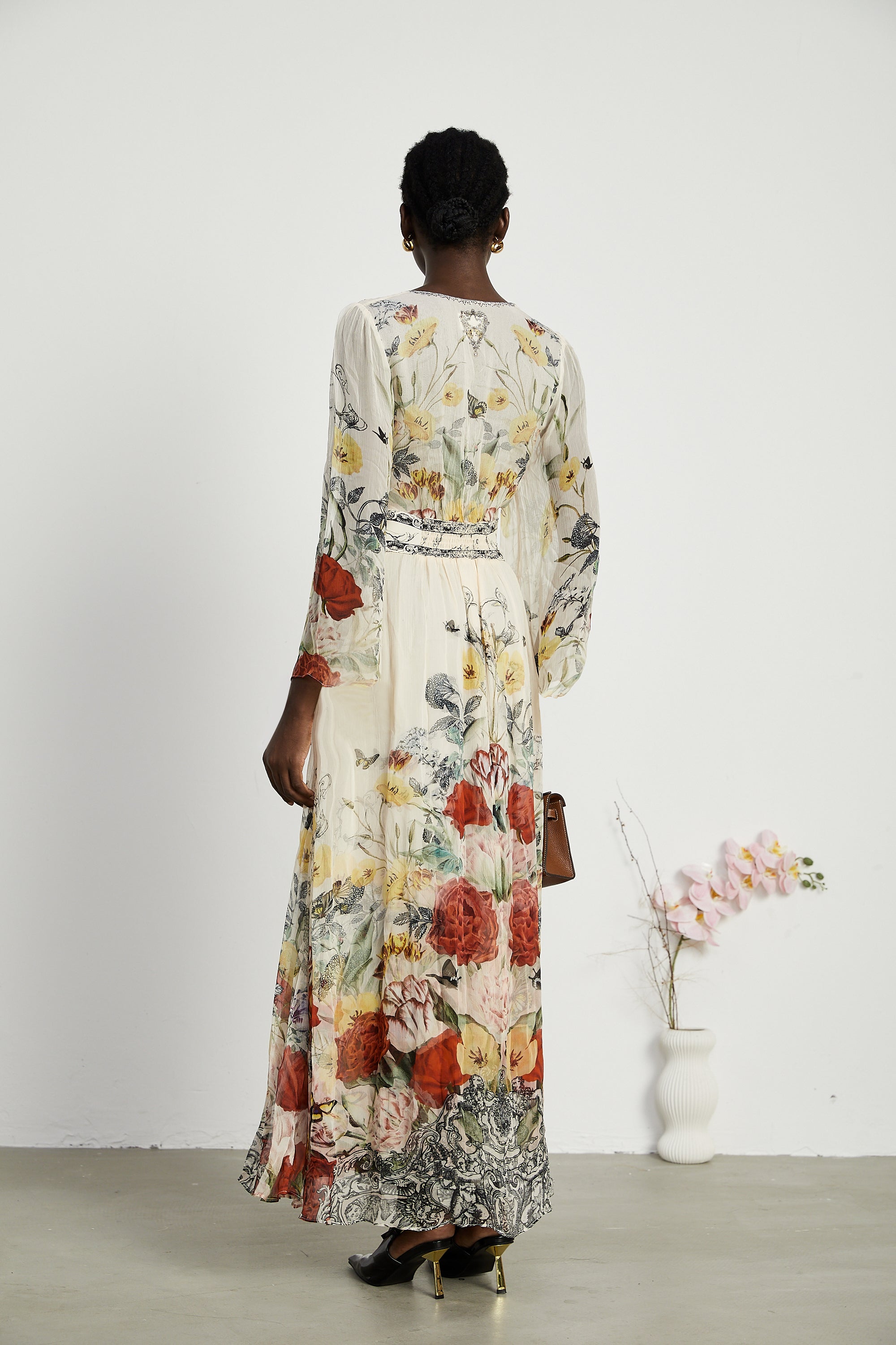 Cora elasticated-sleeve floral maxi dress