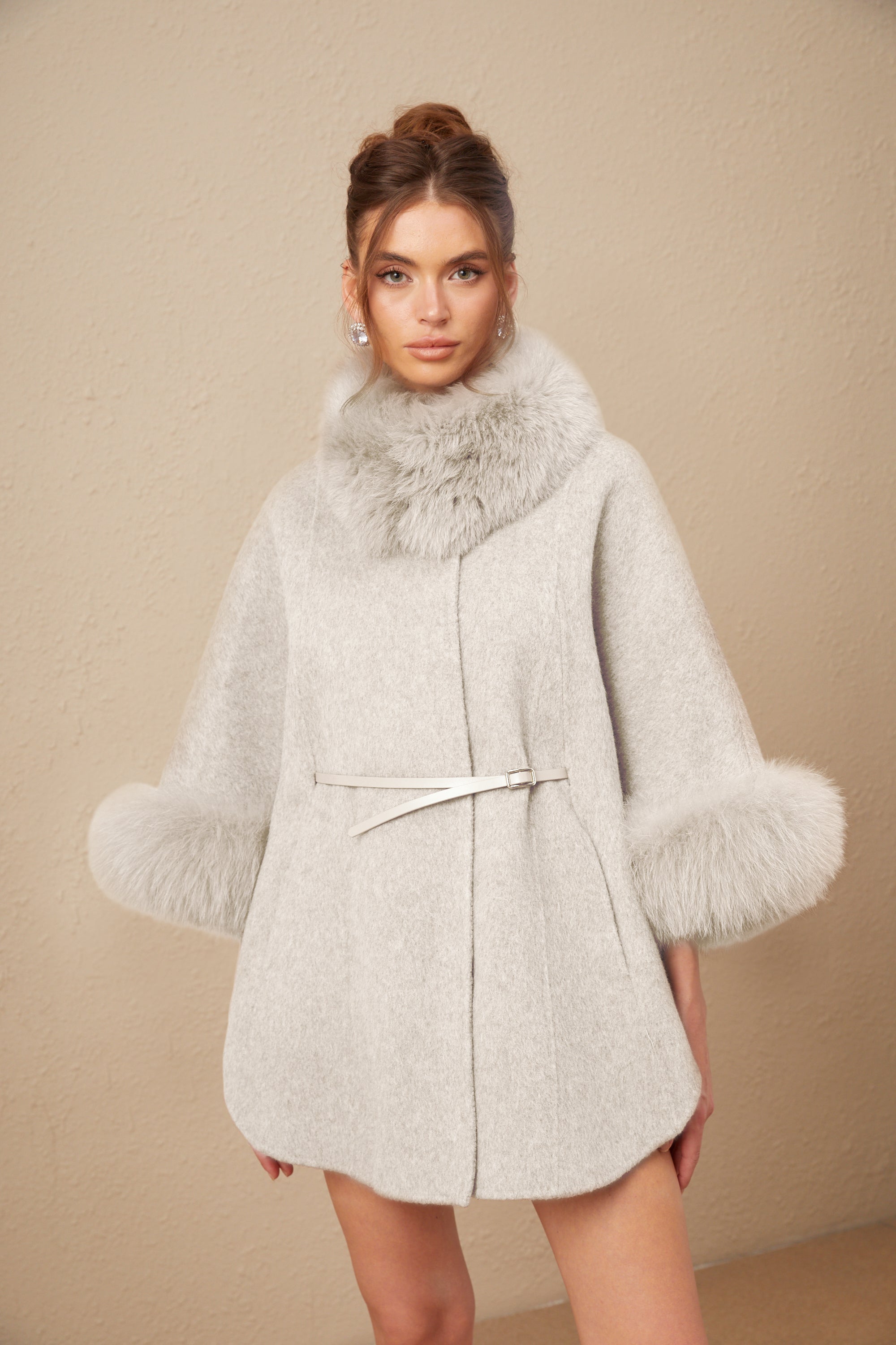 Chloris wool fur belted cape coat in White