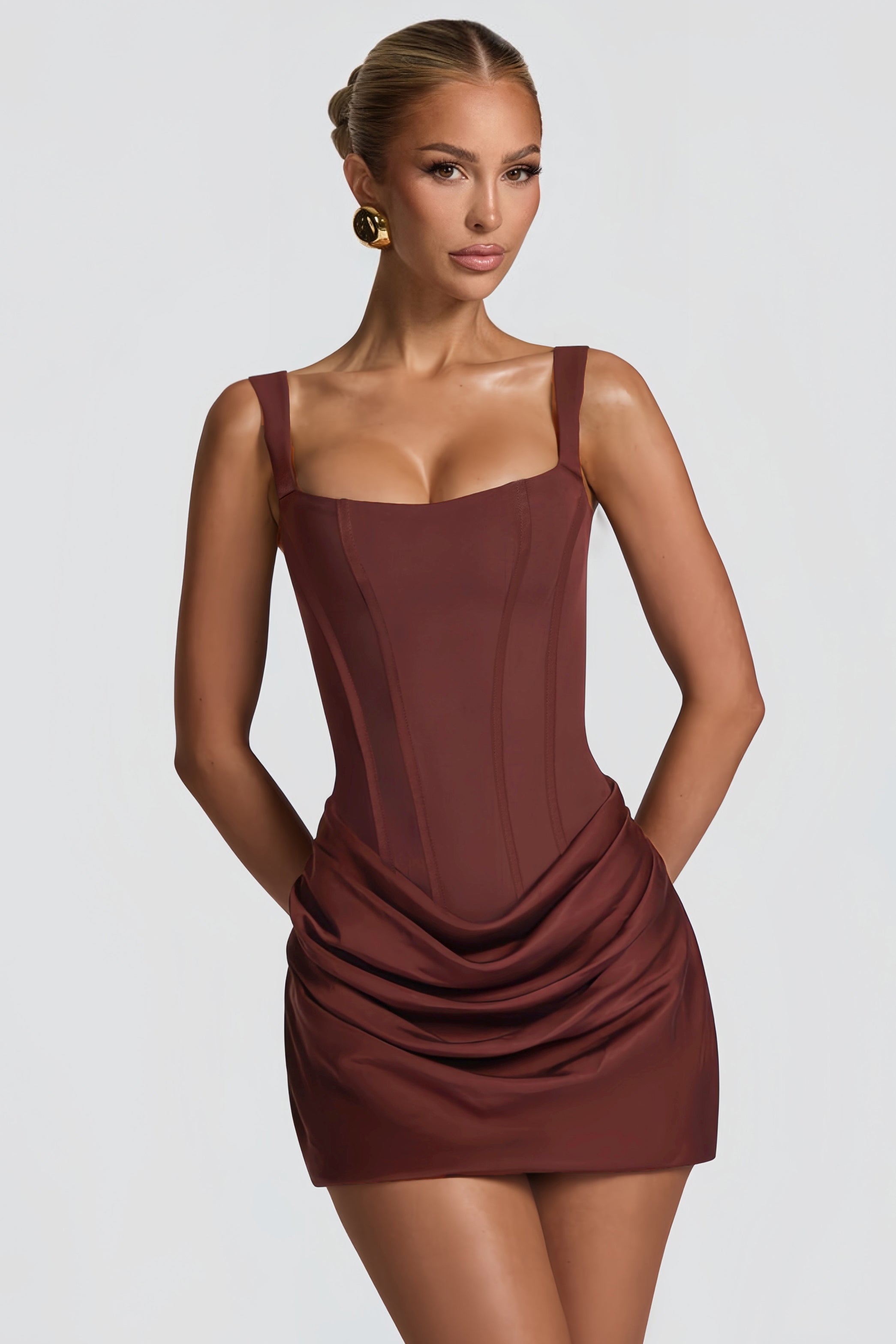 Paulette Brown Ruched Bodycon Mini Dress