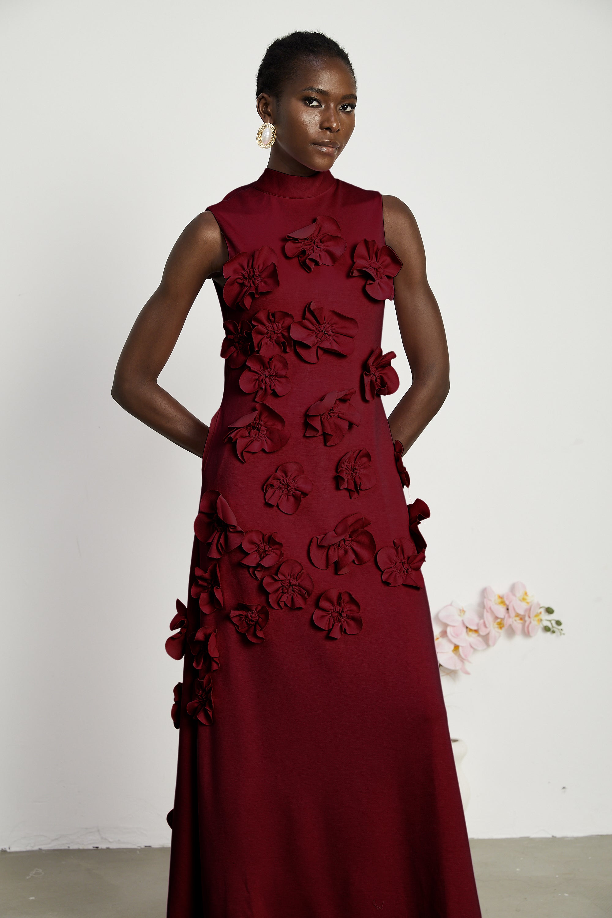 Magali bow-tie faux-flower embellished sleeveless maxi dress in Red