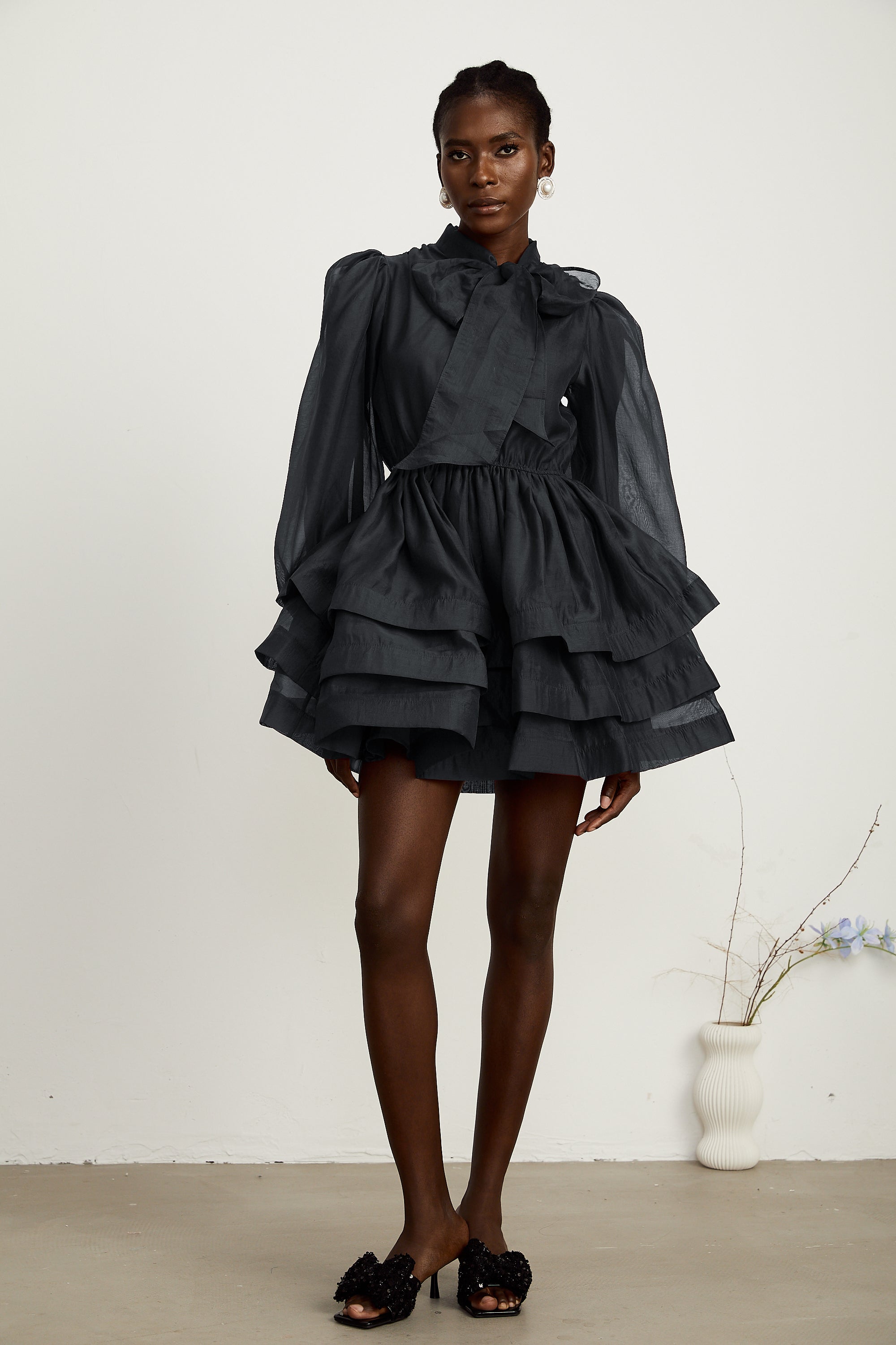 Élodie tiered flared mini dress in Black