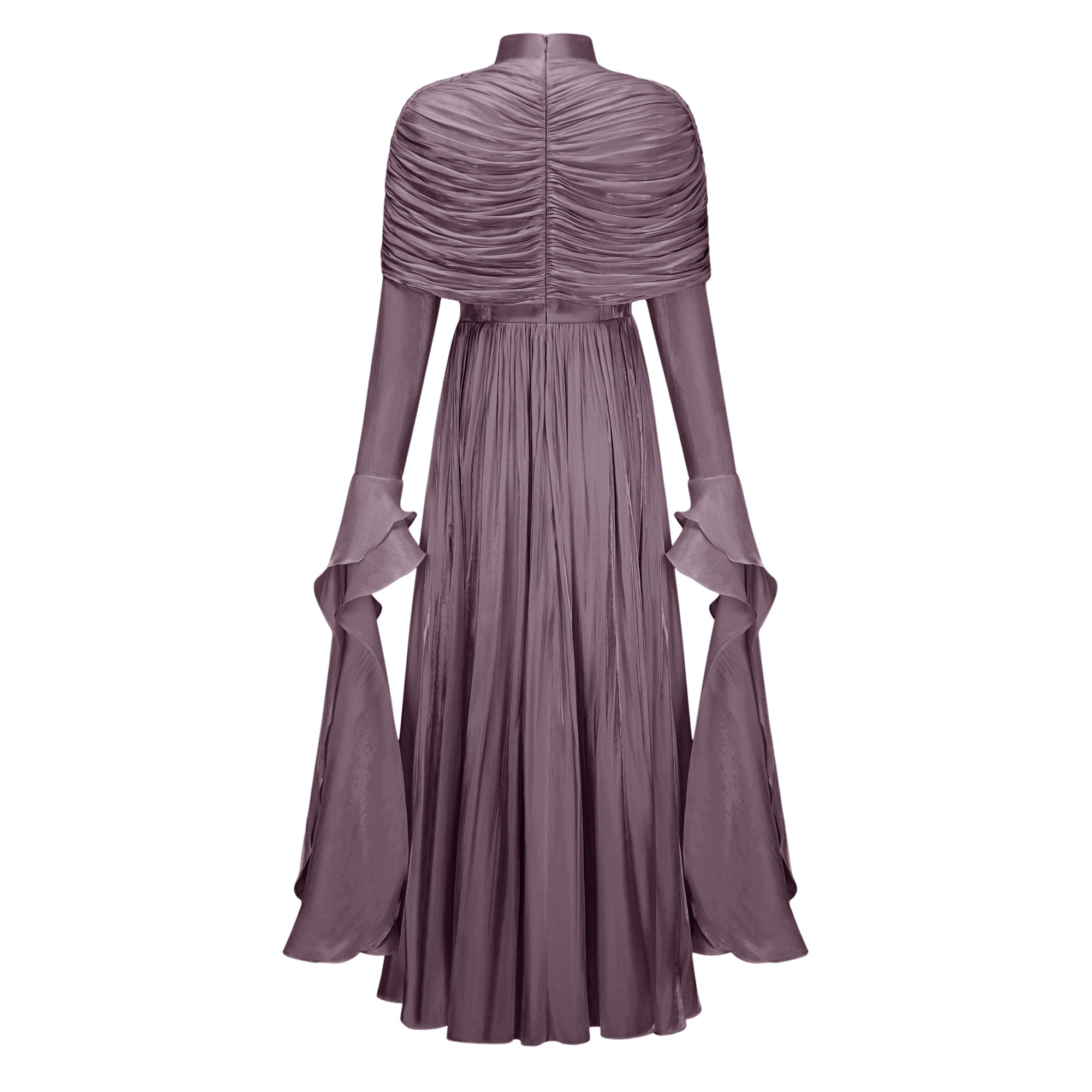 Gustave Purple Ruched Cape Ruffled Maxi Dress