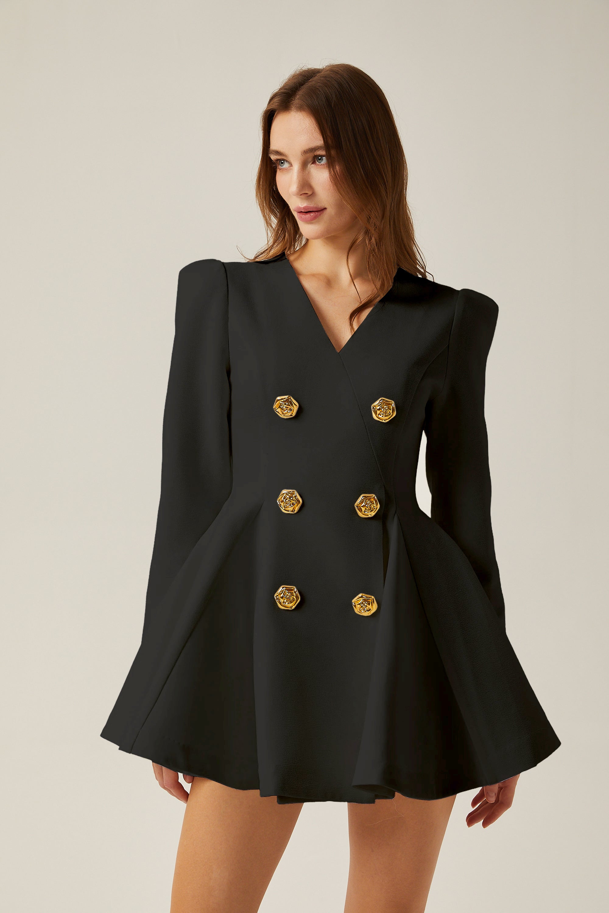 Élise pleated peplum-hem blazer dress in Black