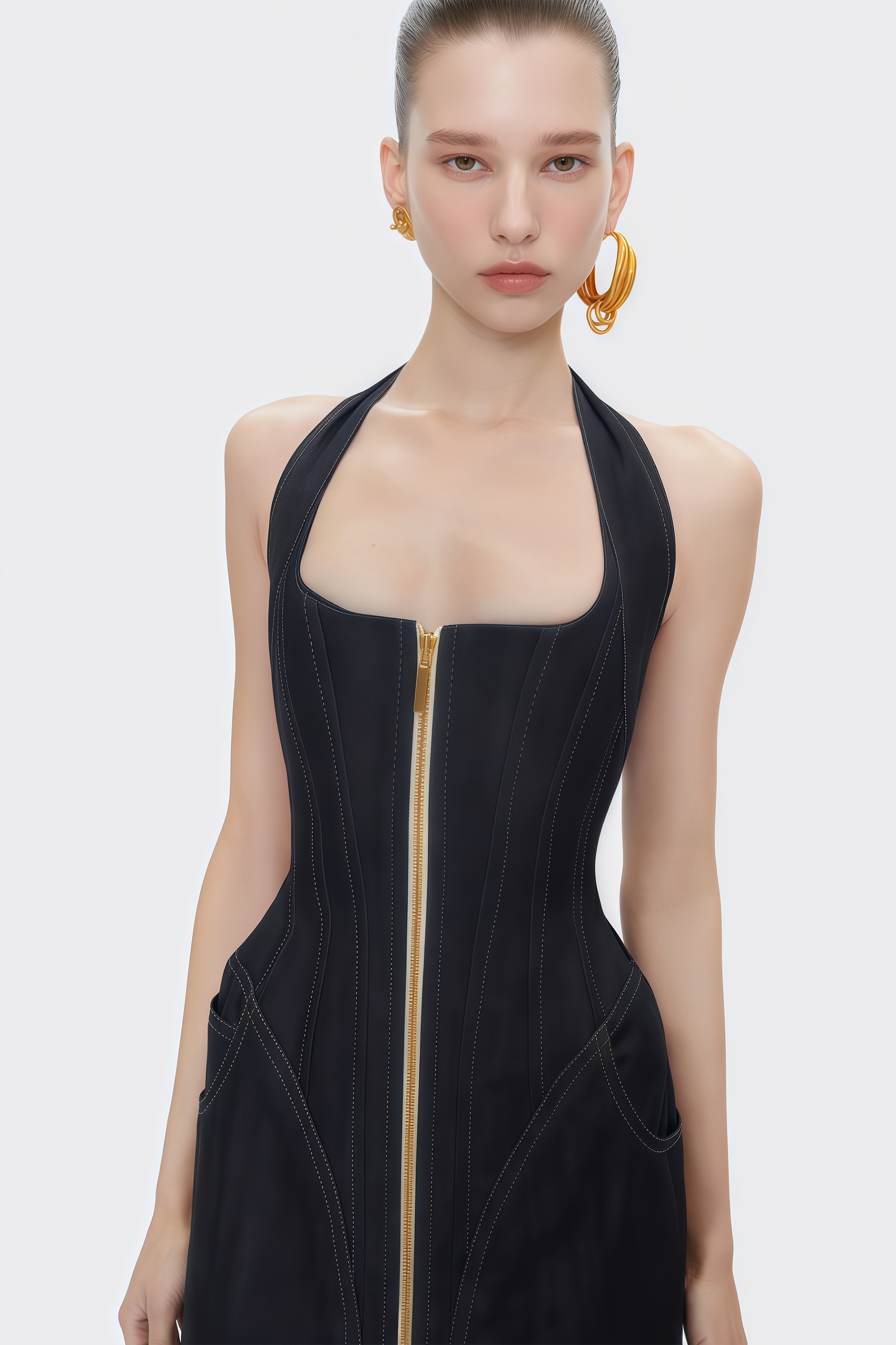 Adrienne black denim front-slit contrast-stitching maxi dress