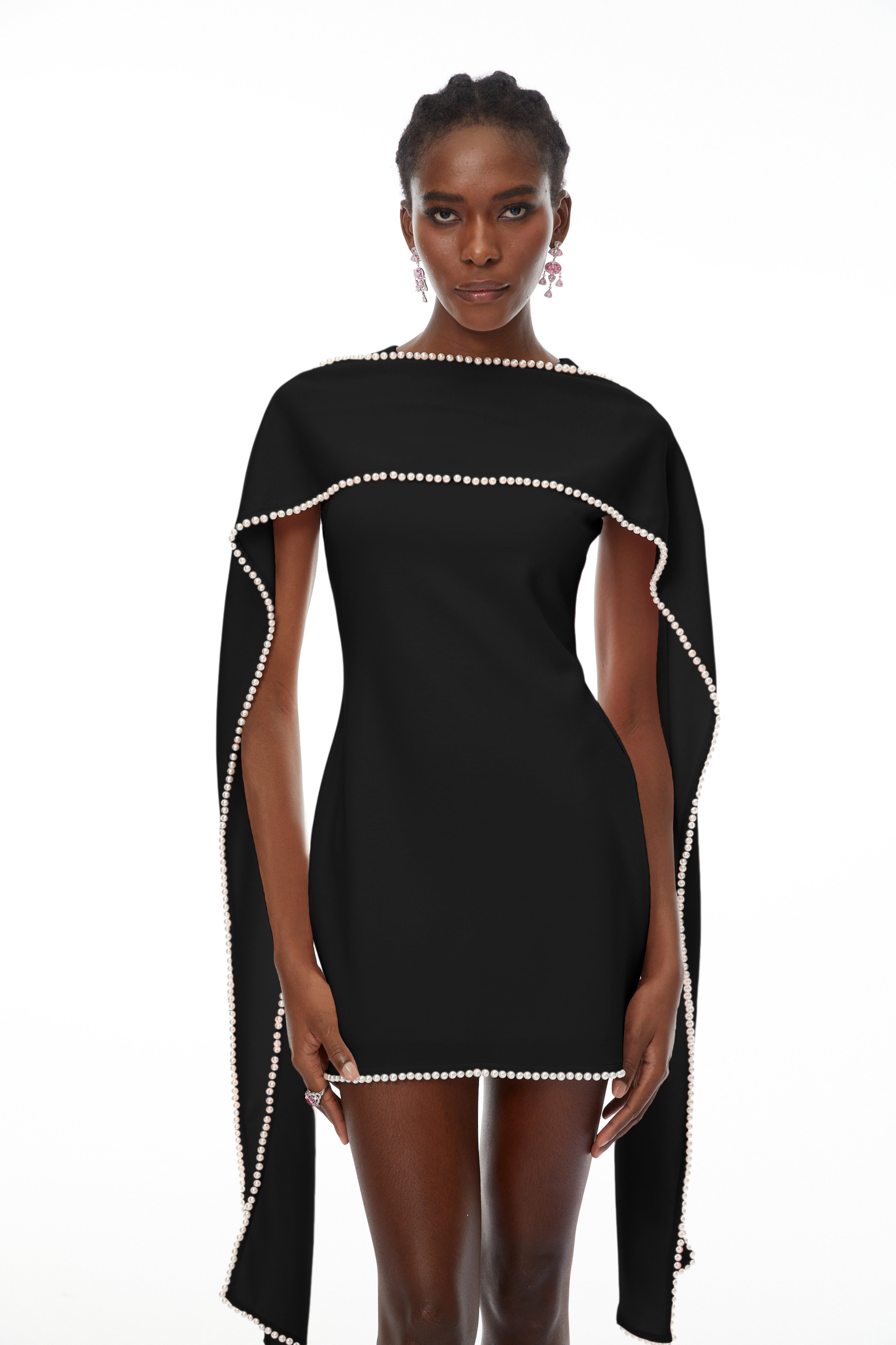 Piroska Black Sleeveless Pearl Trim Mini Dress