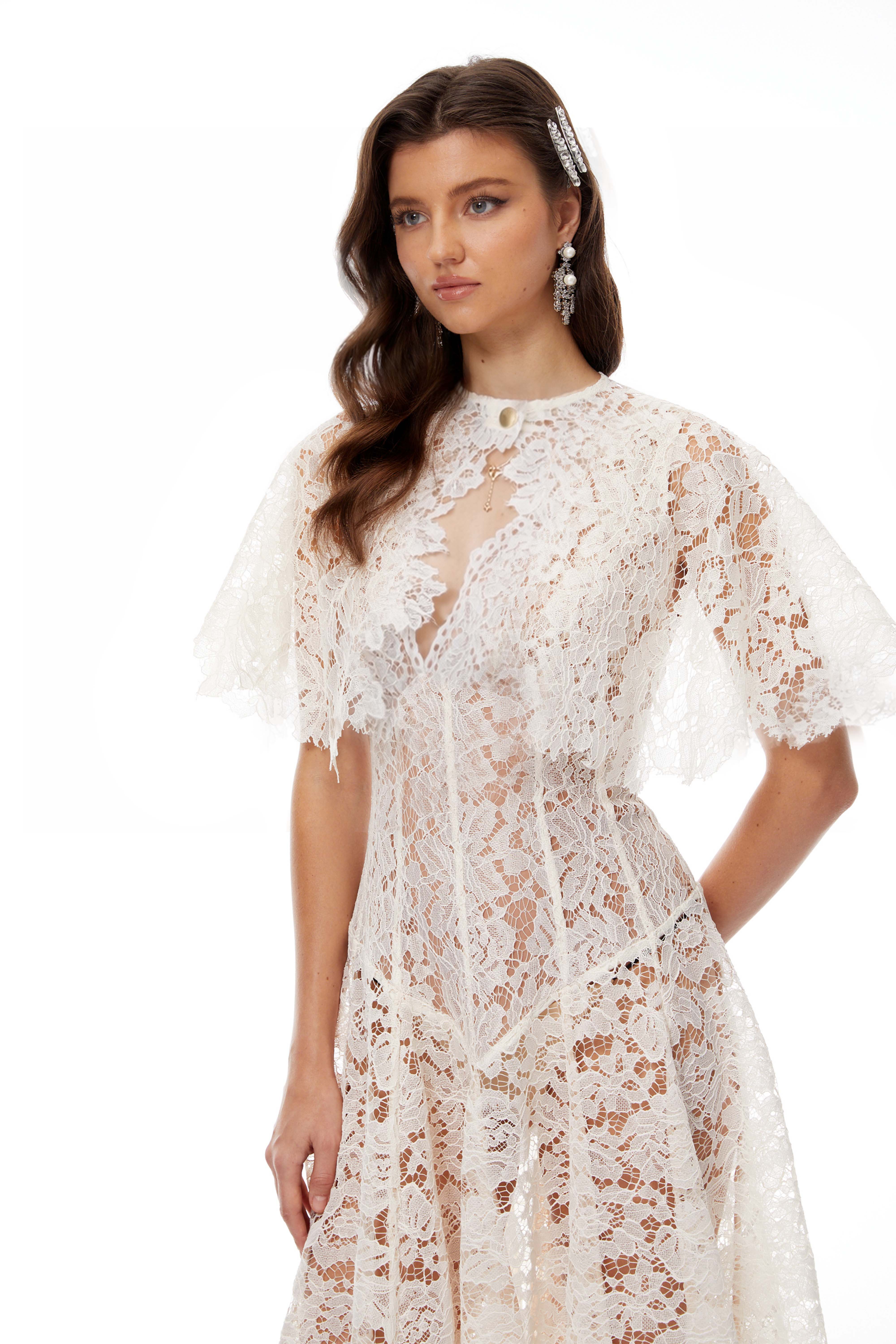 Alaia White Cape Design Floral Lace Midi Dress
