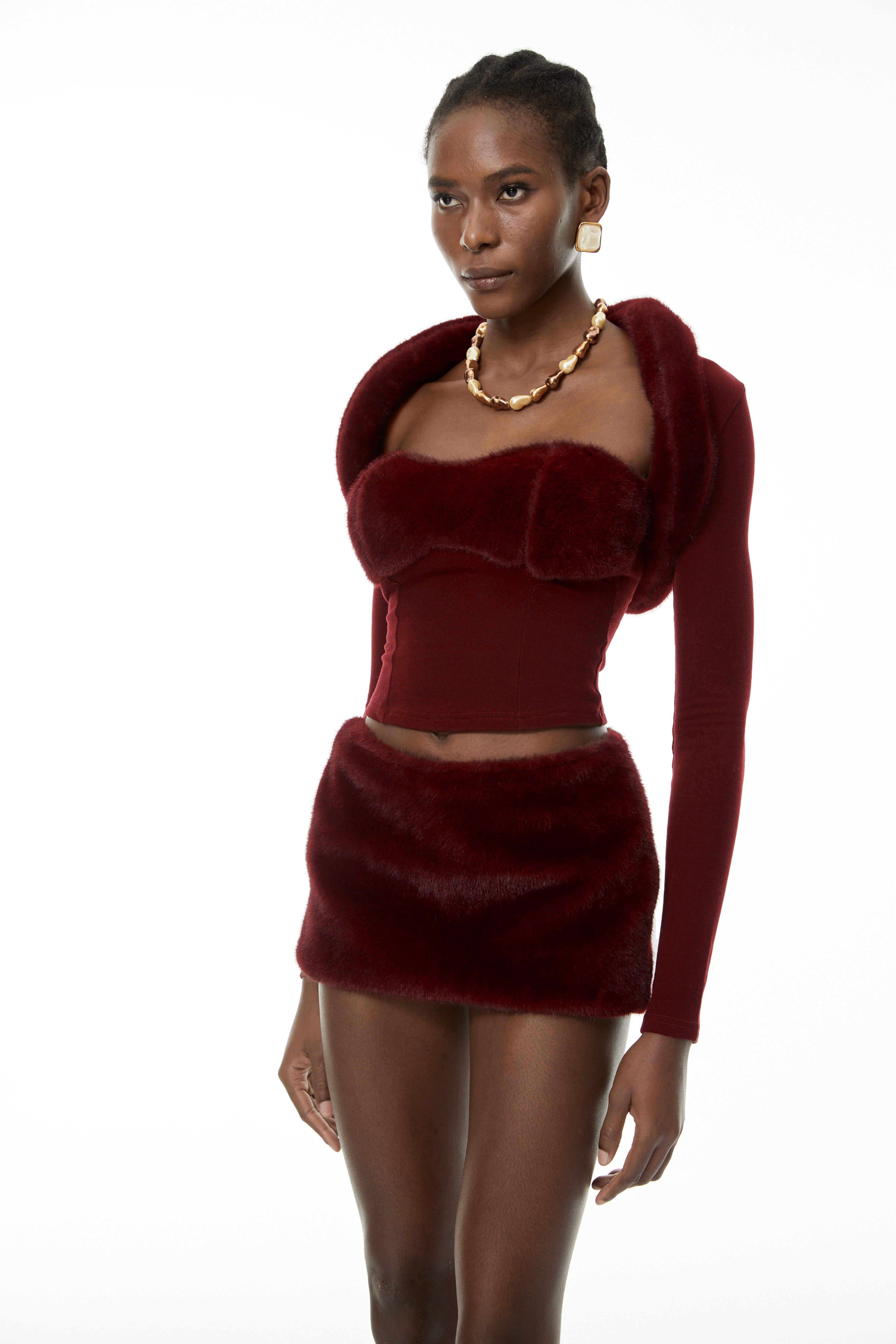 Waldemara Burgundy Fur Trim Shrug & Top & Skirt Set