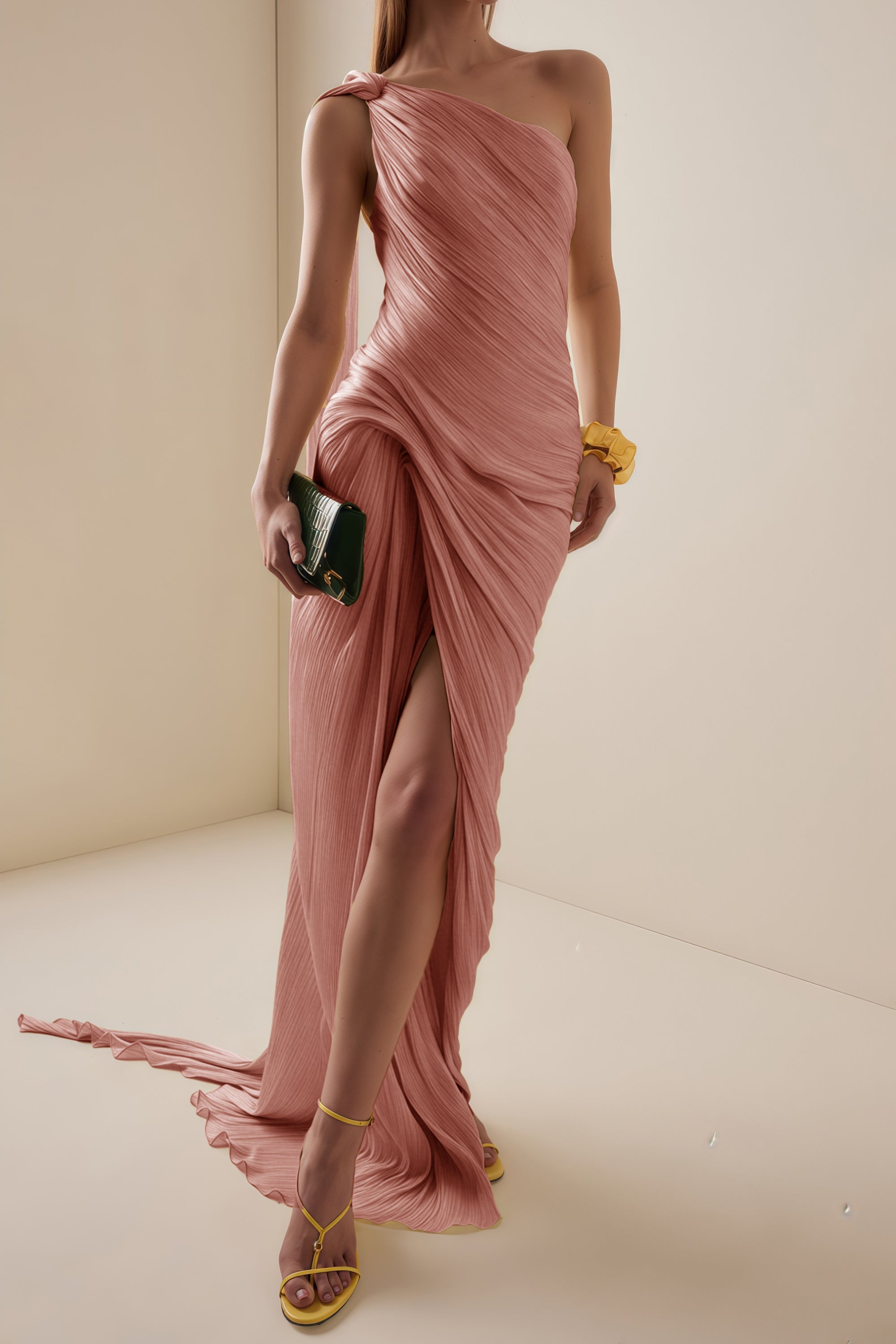 Meissa Pink Asymmetrical Ruched Maxi Dress