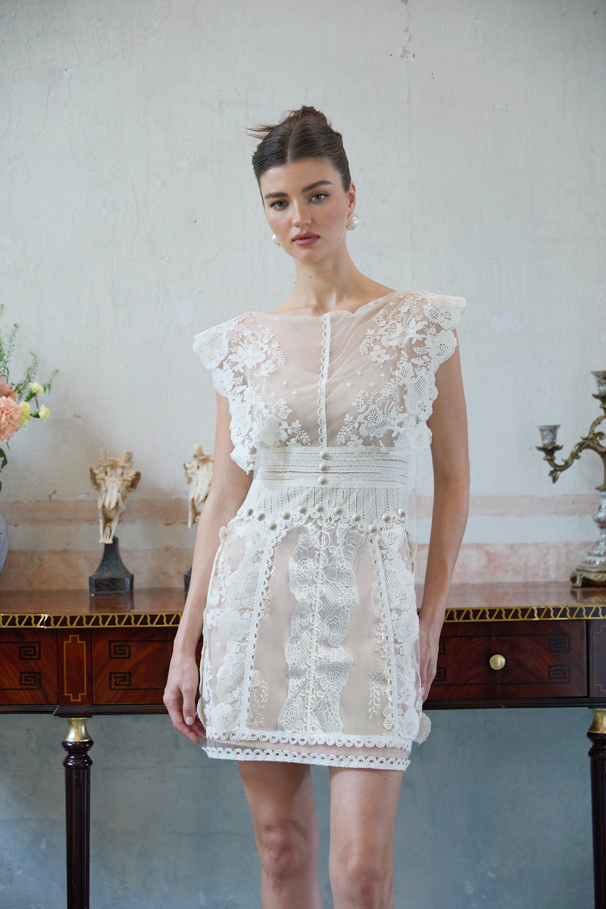 Maïa white floral-embroidered lace mini dress