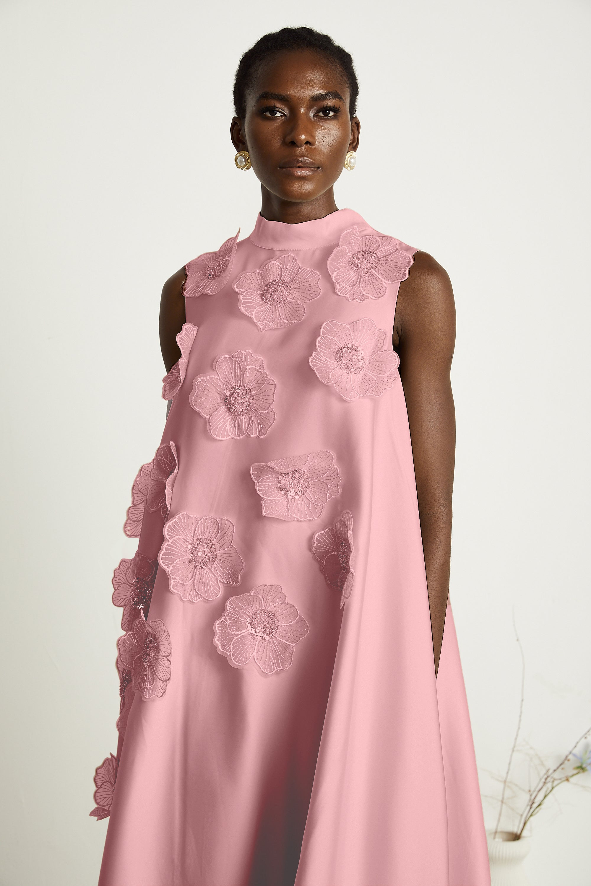 【タグ付】rosyluce FLOWER CAMISOLE DRESS※薄シミ有 Émilie sleeveless floral-applique midi dress in Pink