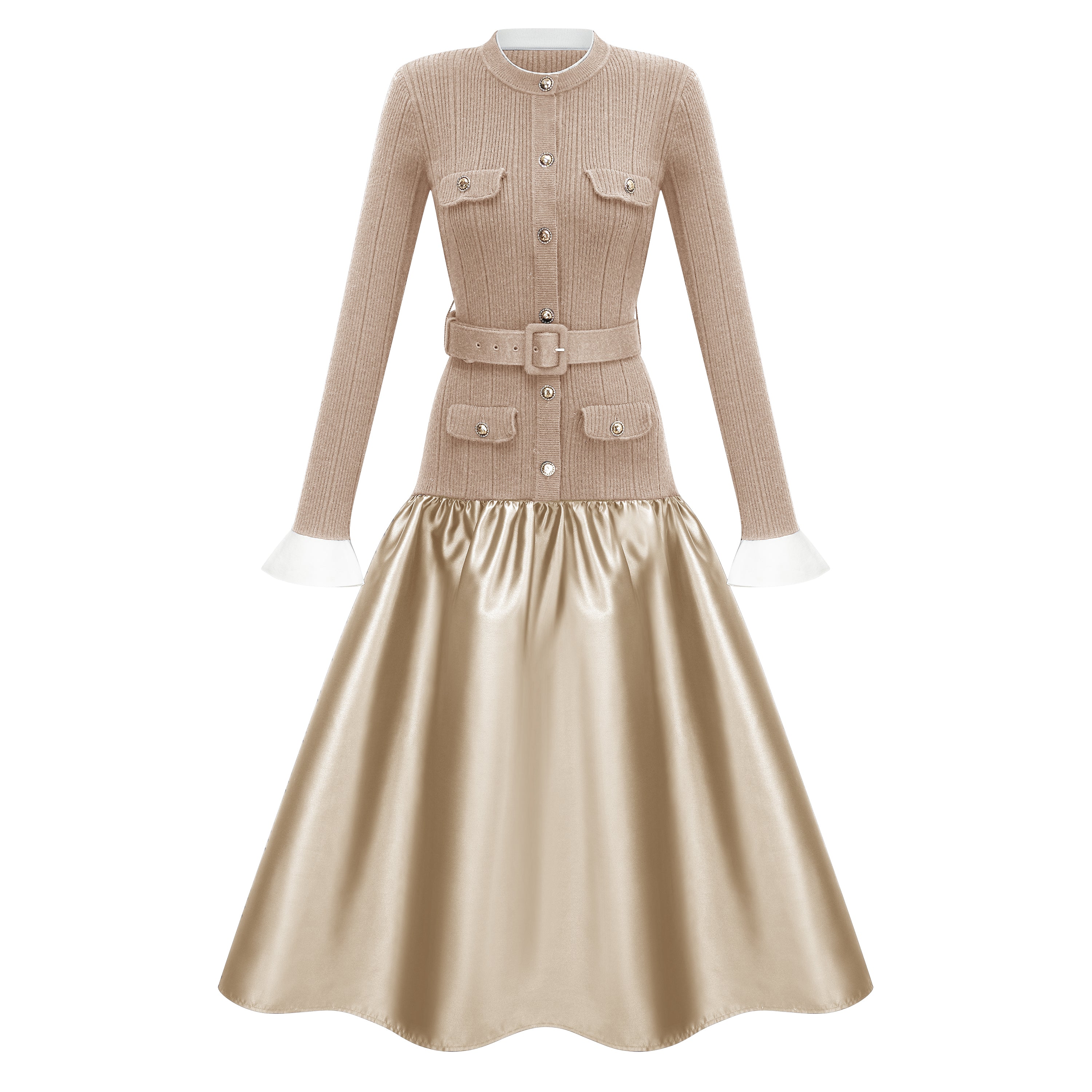 Fern Gold Satin Panel Knit Midi Dress