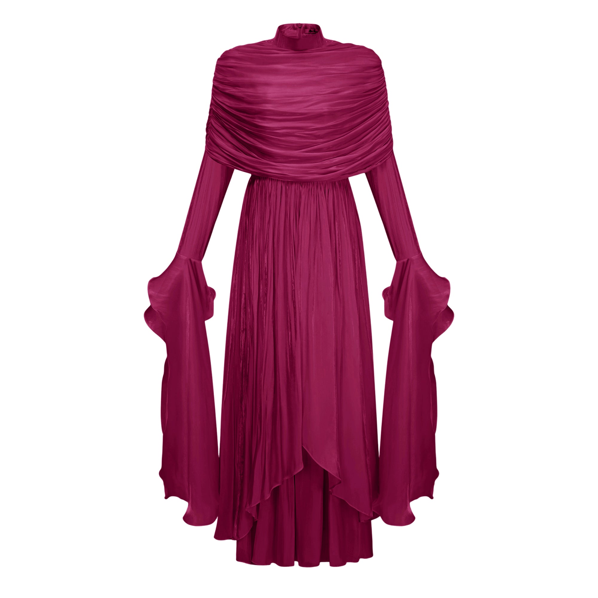Gustave Burgundy Ruched Cape Ruffled Maxi Dress