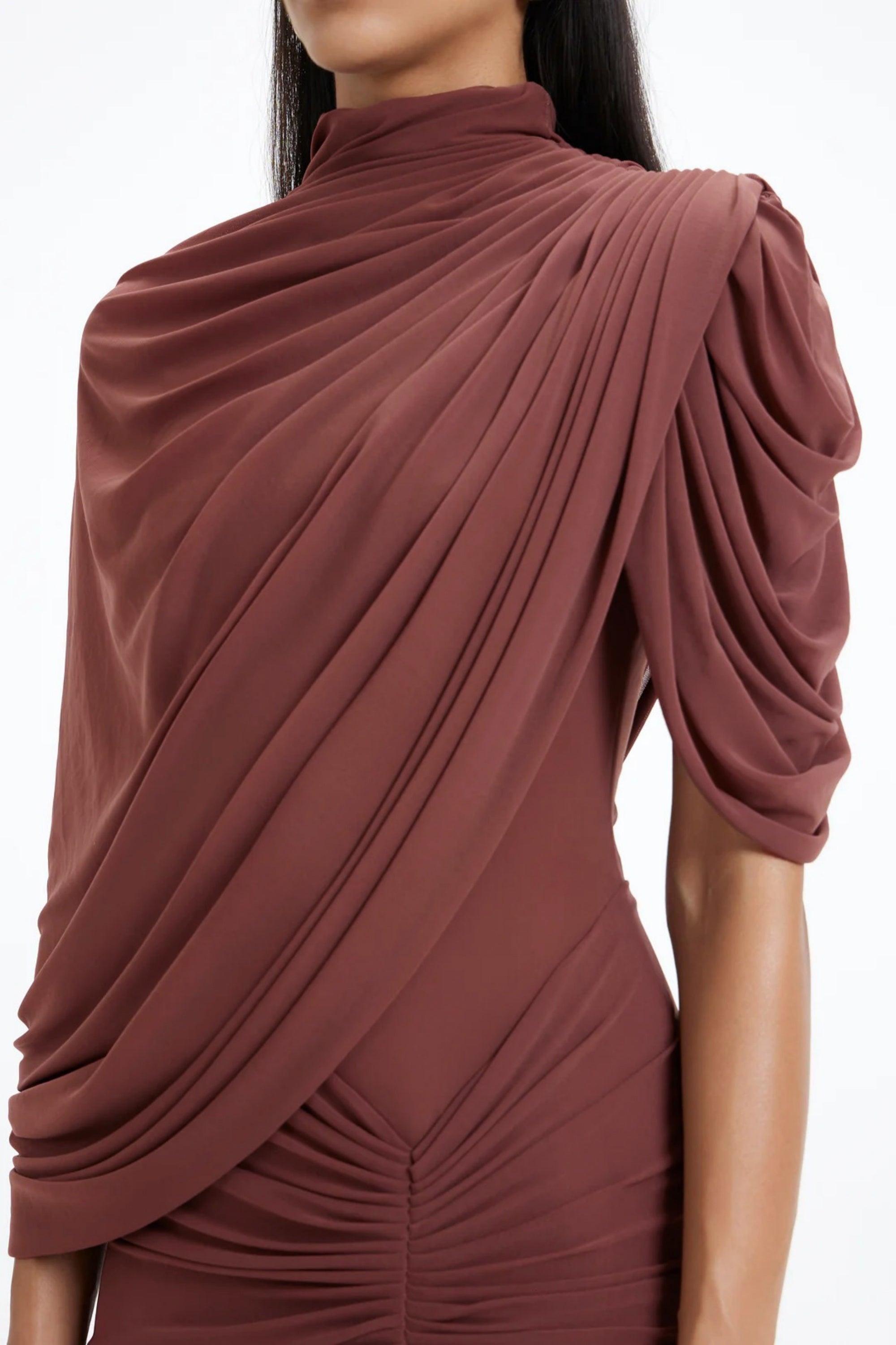 Liliana Brown Asymmetrical Ruched Cape Maxi Dress