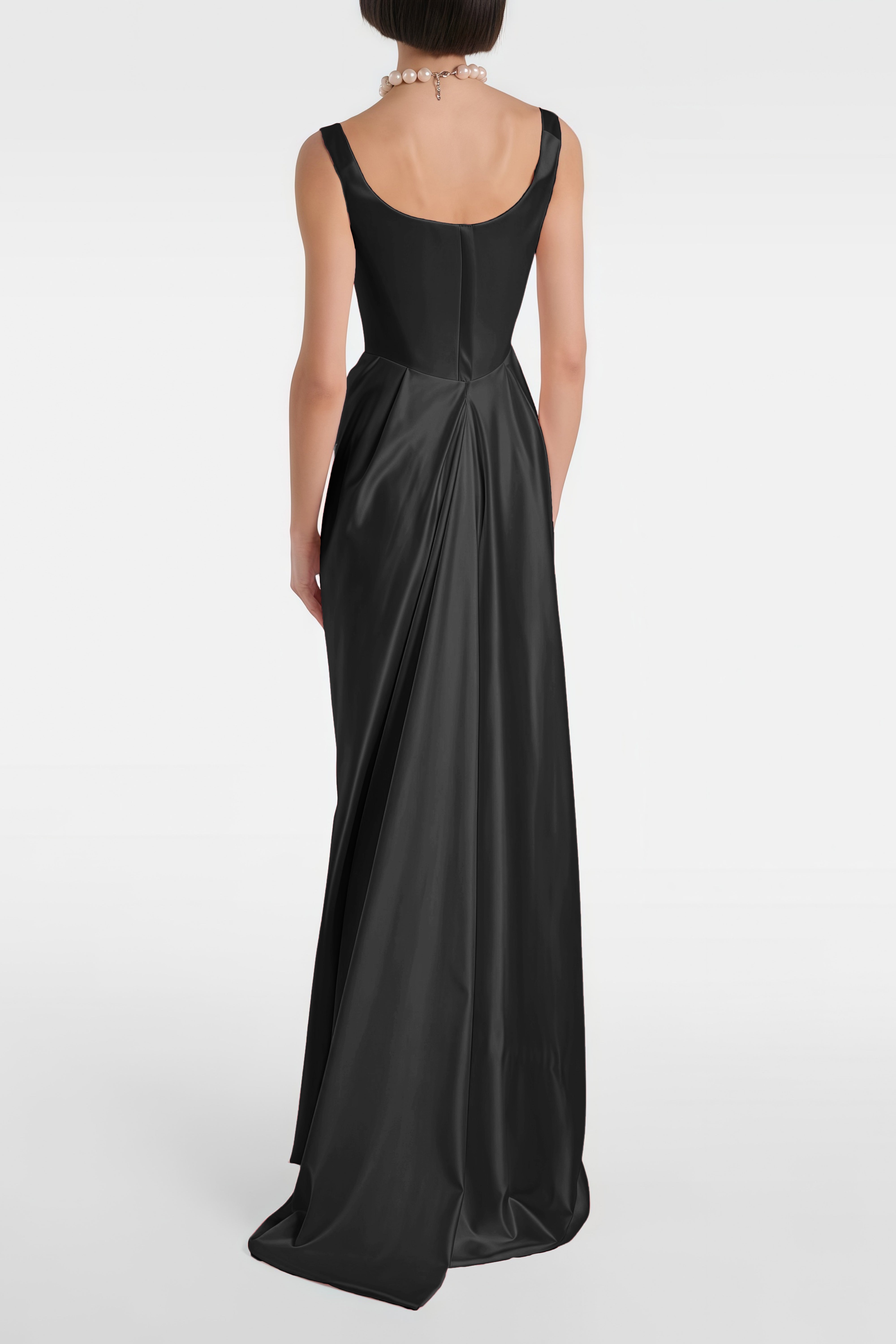 Fiona Schwarzes Satin-Maxikleid mit eckigem Ausschnitt