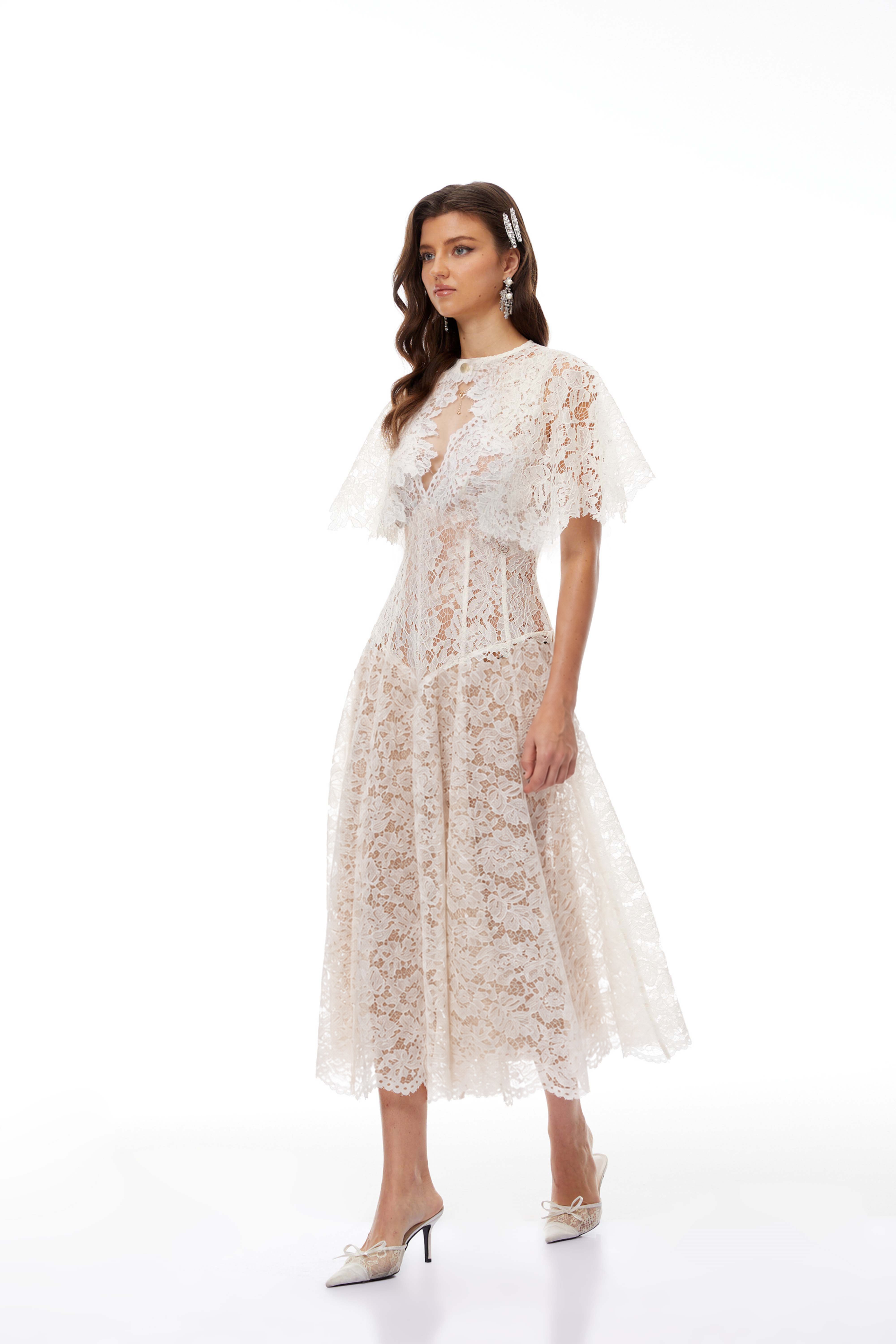Alaia White Cape Design Floral Lace Midi Dress (Final Sale-US Only)