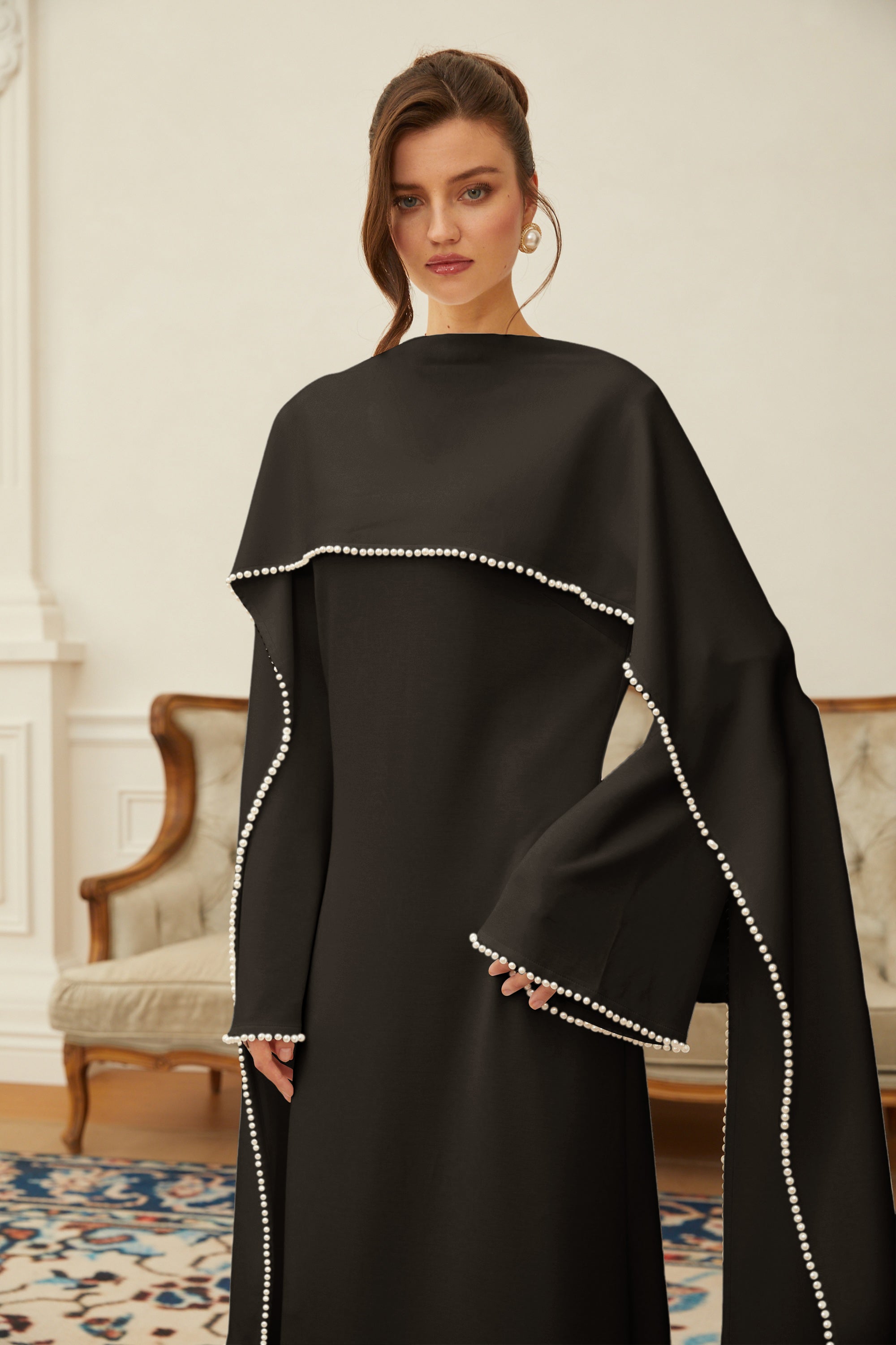 Piroska Black Pearl Trim Shawl Detail Maxi Dress