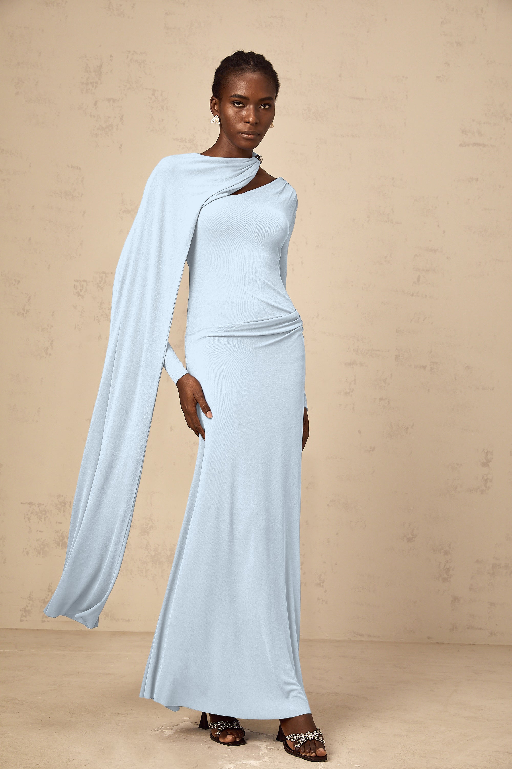 Josette Blue Diagonal Shawl Fitted Maxi Dress