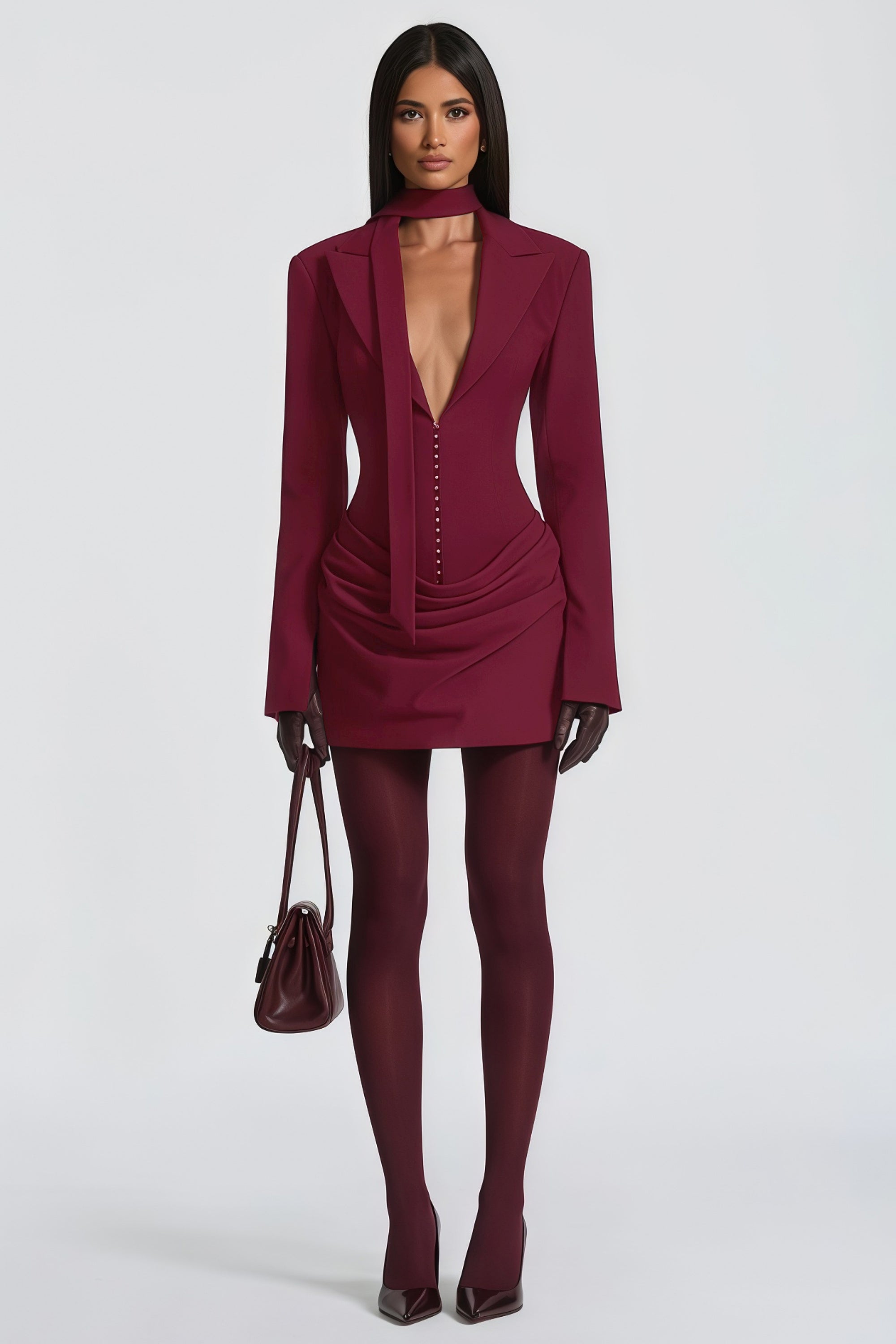 Rosette Burgunderfarbenes Blazer-Minikleid mit Raffungen