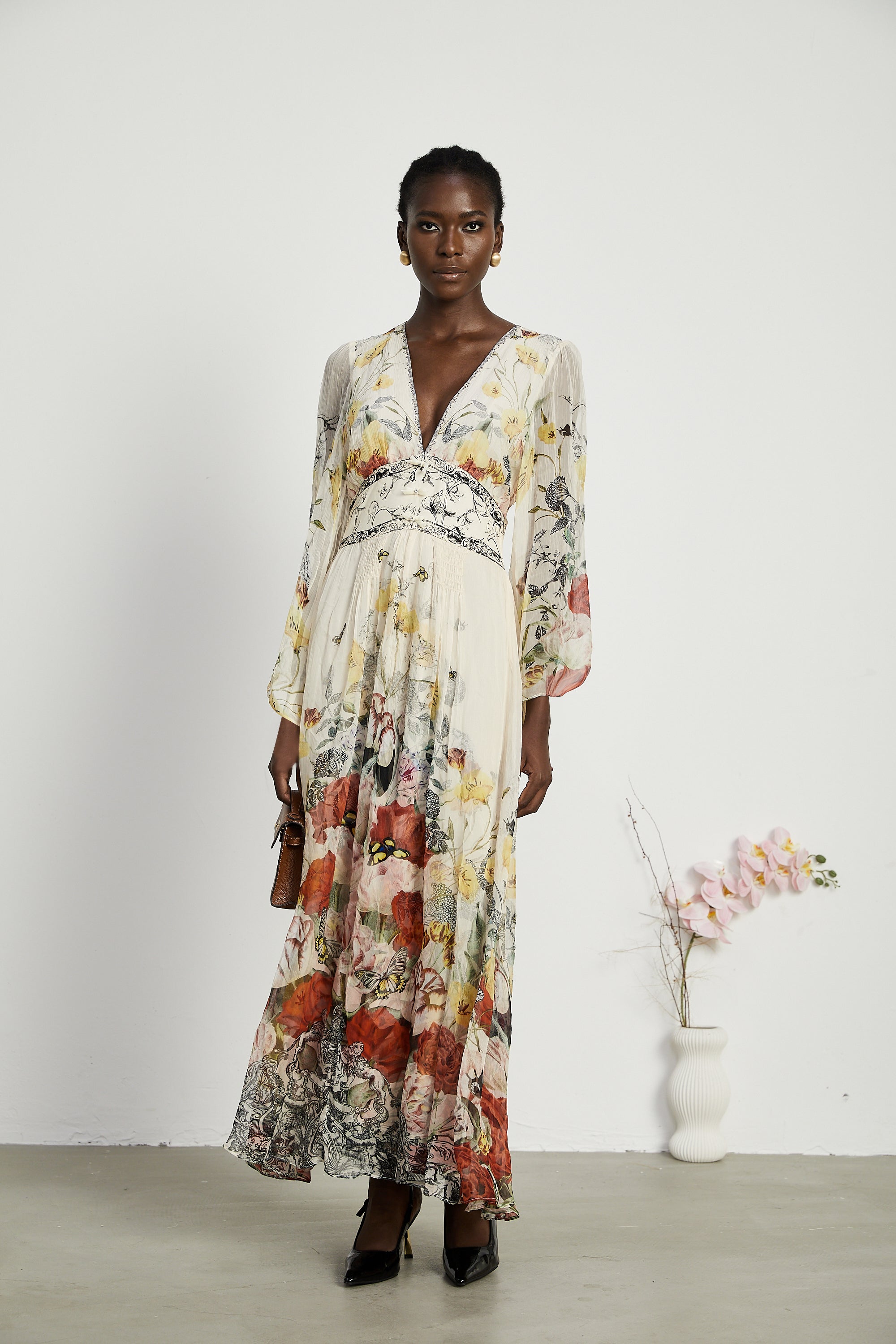 Cora elasticated-sleeve floral maxi dress