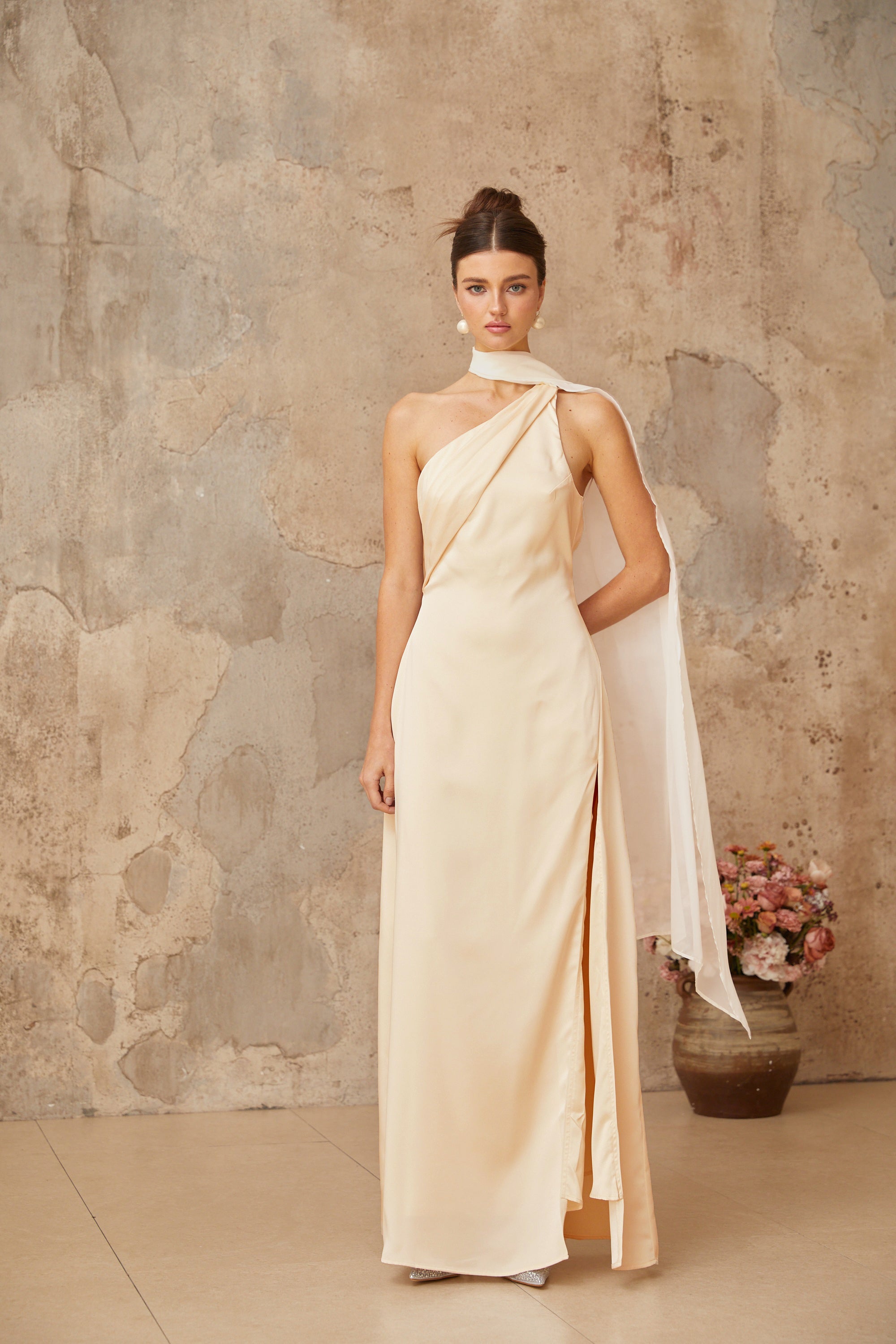 Thérèse neutral scarf-design satin maxi dress