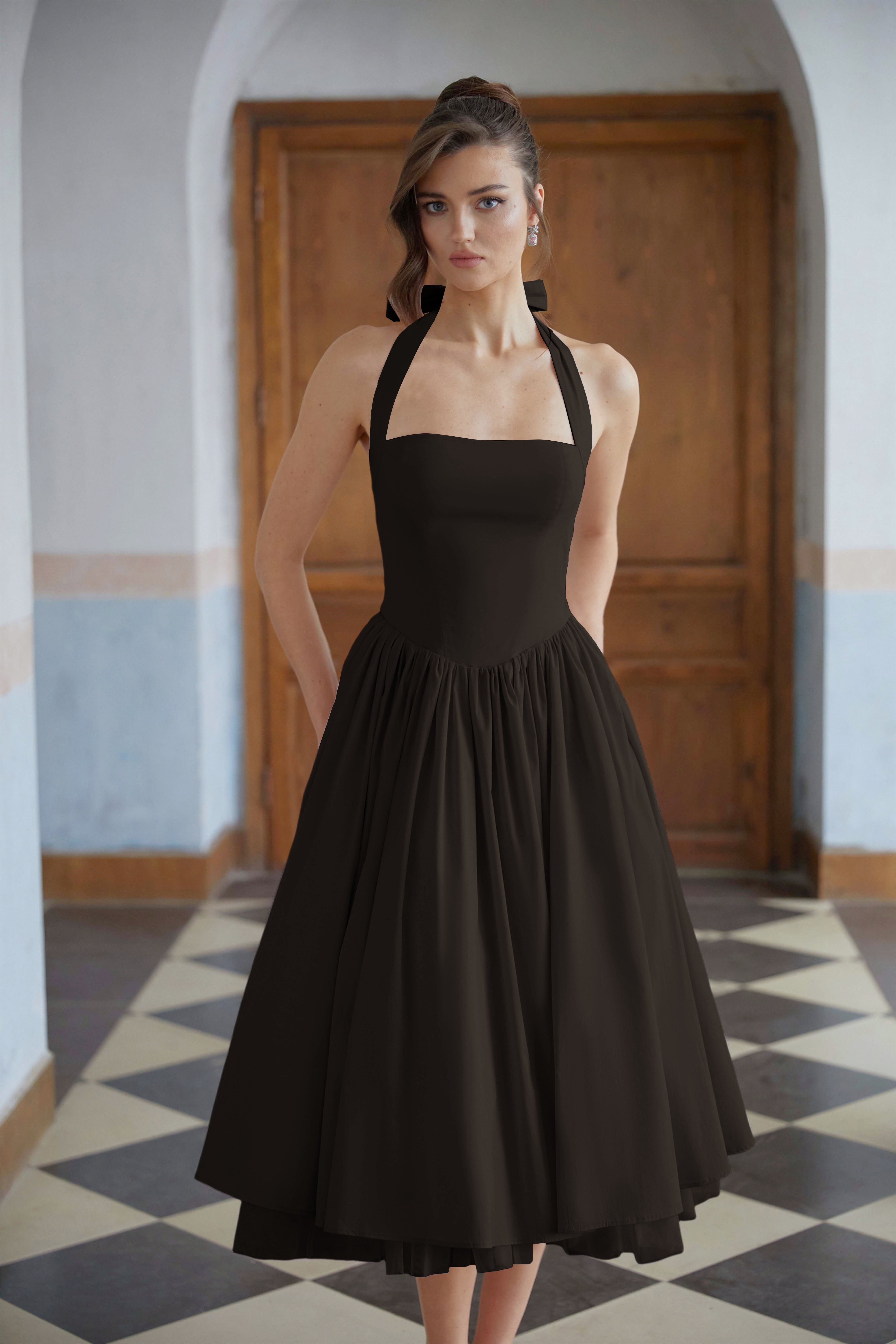 Eponine Black Layered Flared Hem Midi Dress