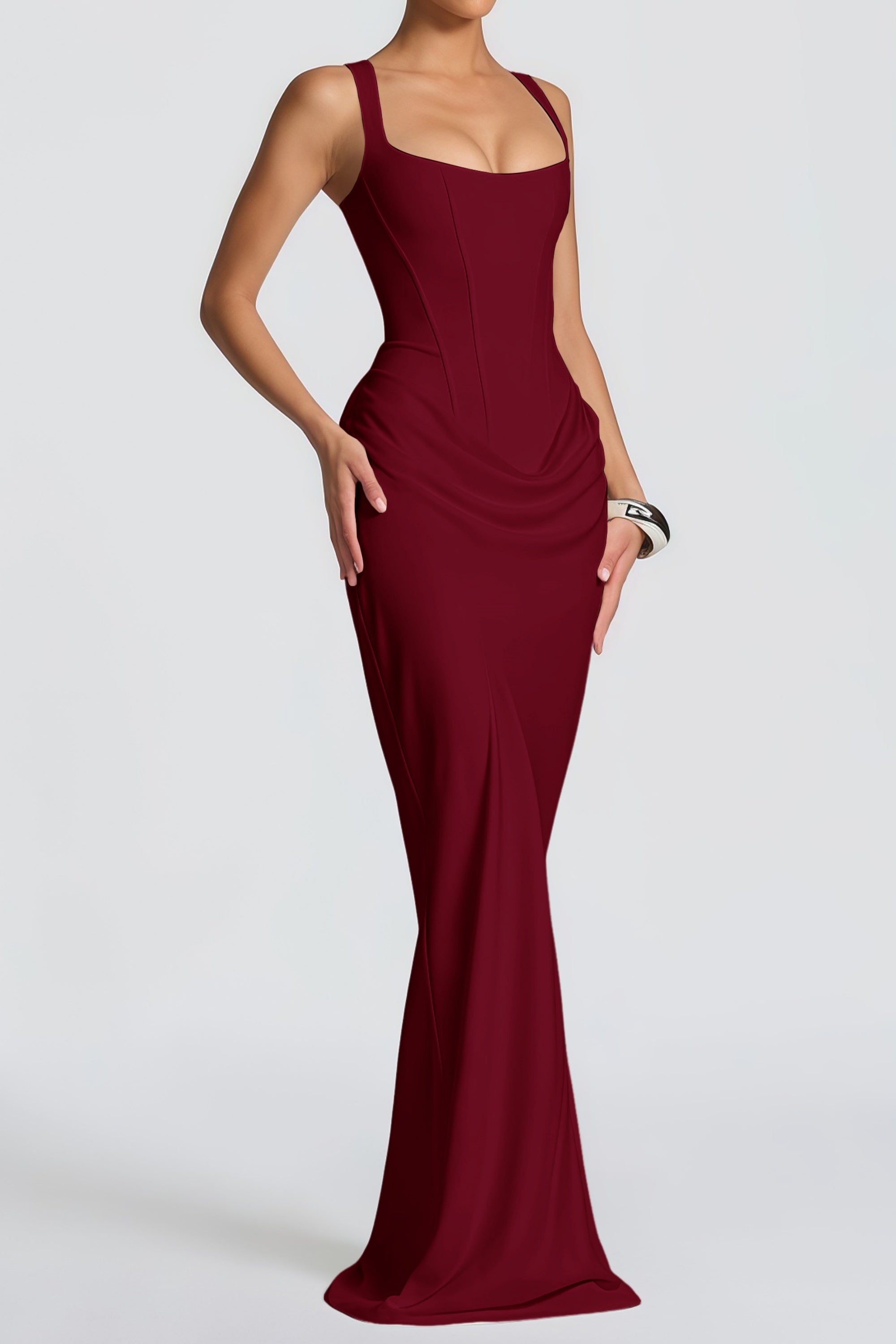 Paulette Red Ruched Corset Maxi Dress