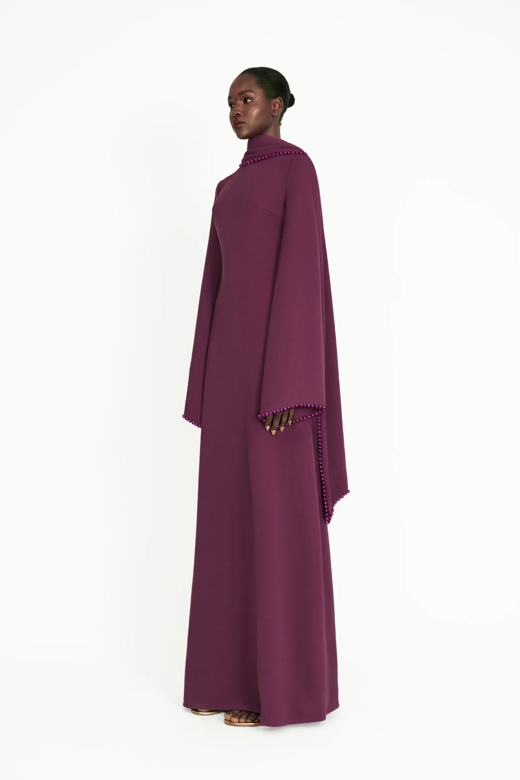 Piroska Purple Pearl Trim Shawl Detail Maxi Dress