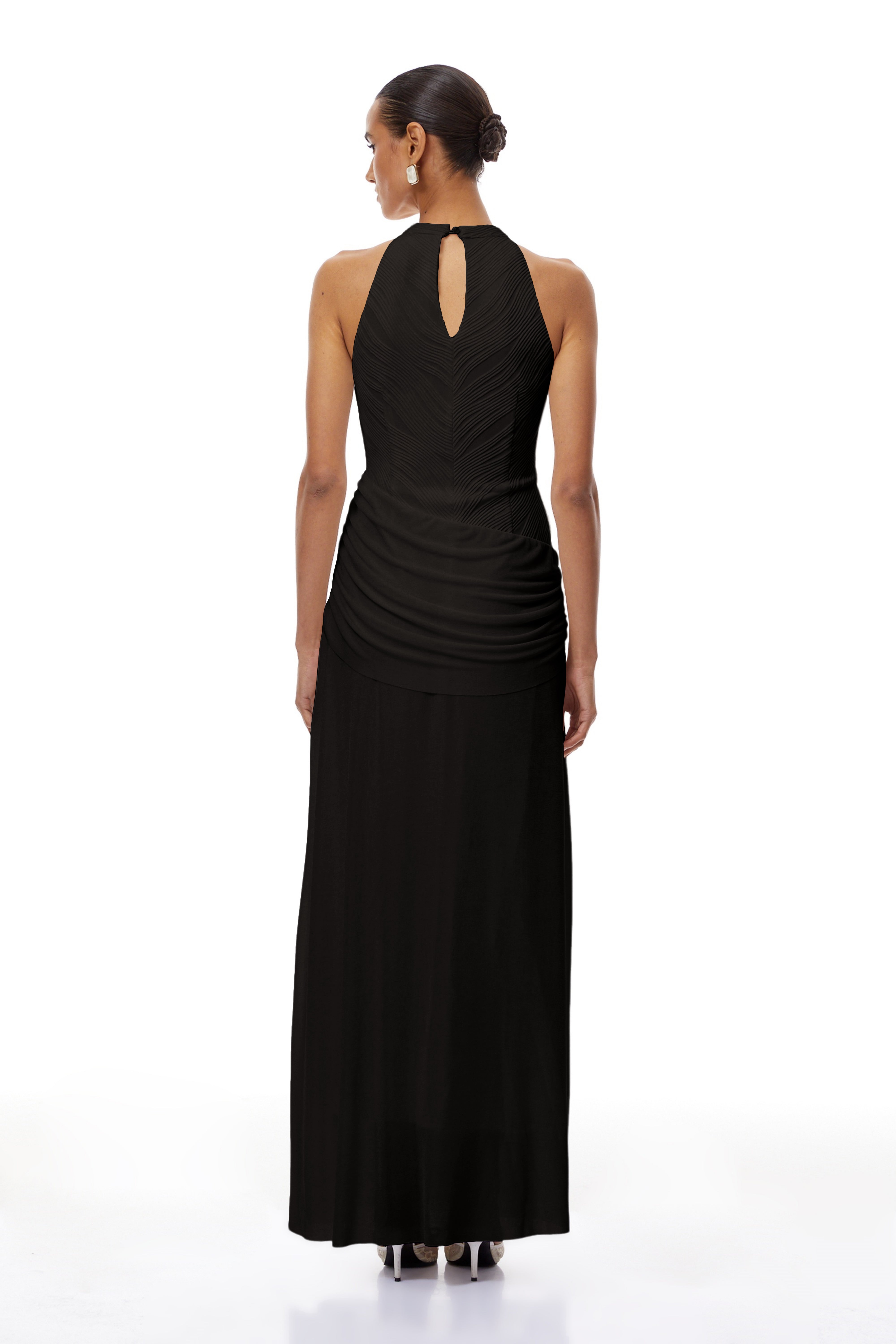 Klara Black Ruched Ribbon Textured Maxi Dress